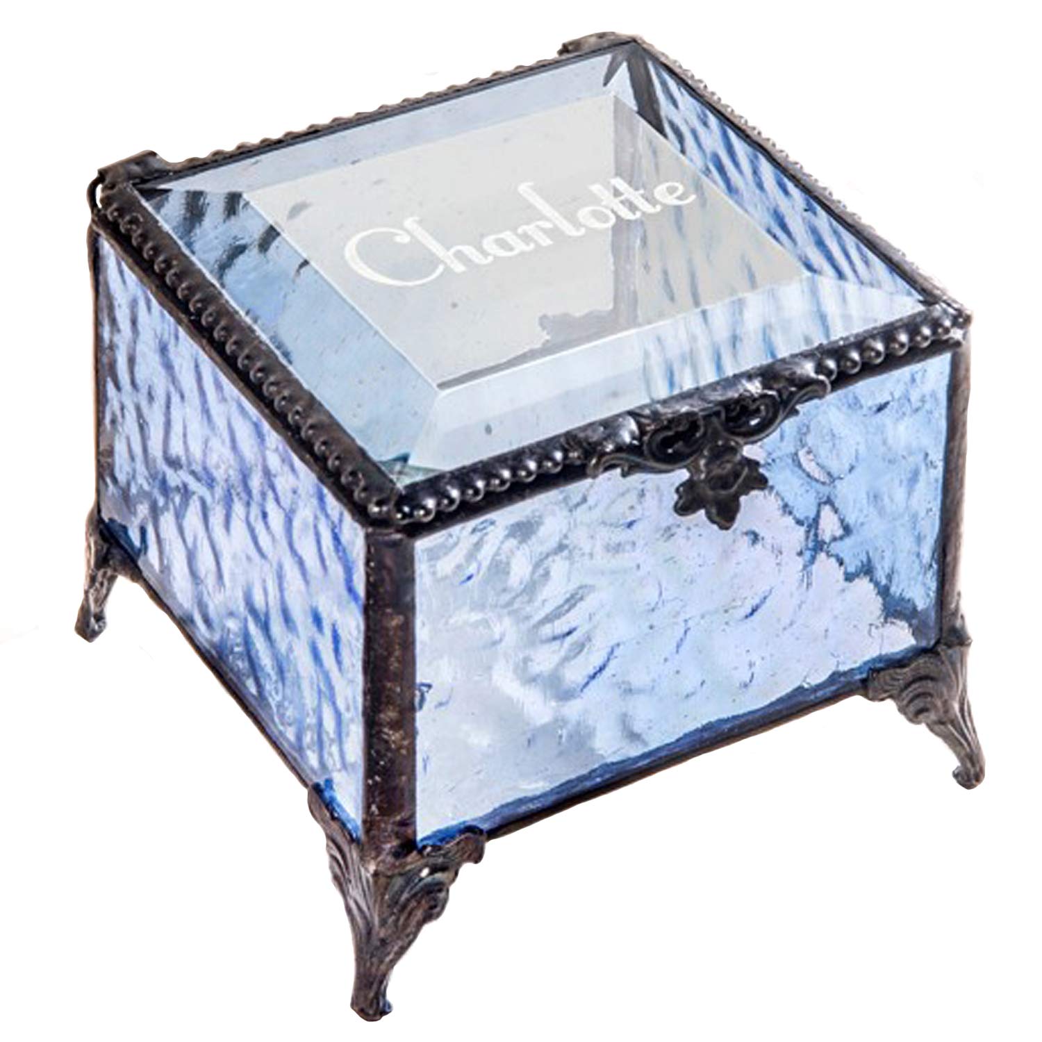 Personalized Engraved Jewelry Box with Stained Glass - Decorative Vanity Display Keepsake Gift for Women - Blue EB217-1 - Perfect for Wedding, Anniversary & Birthday Presents