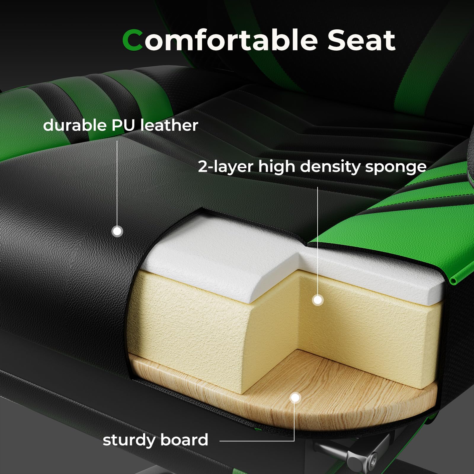 **POWERSTONE Gaming Chair - Ergonomic Racing Style PU Leather Computer Chair with Adjustable Lumbar Support & Footrest - Green - Perfect for Esports, Streaming & Office Work**