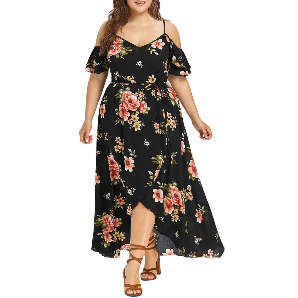 Boho Floral Print Women's Casual Long Sleeve Midi Dress - Plus Size Cold Shoulder Sweater Dress for Spring/Summer Fashion, Date Night & Vacation Outfits