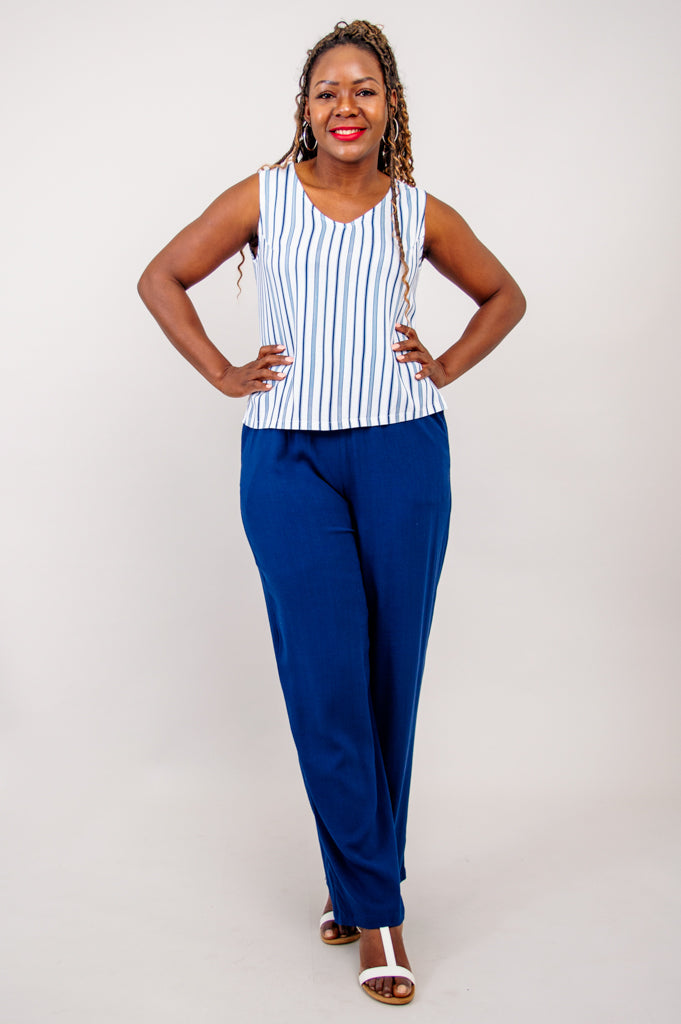 Havana Tank Top - Indigo Stripe Linen Bamboo Blend Women's Shirt - Perfect for Summer Outfits, Beach Wear & Casual Style