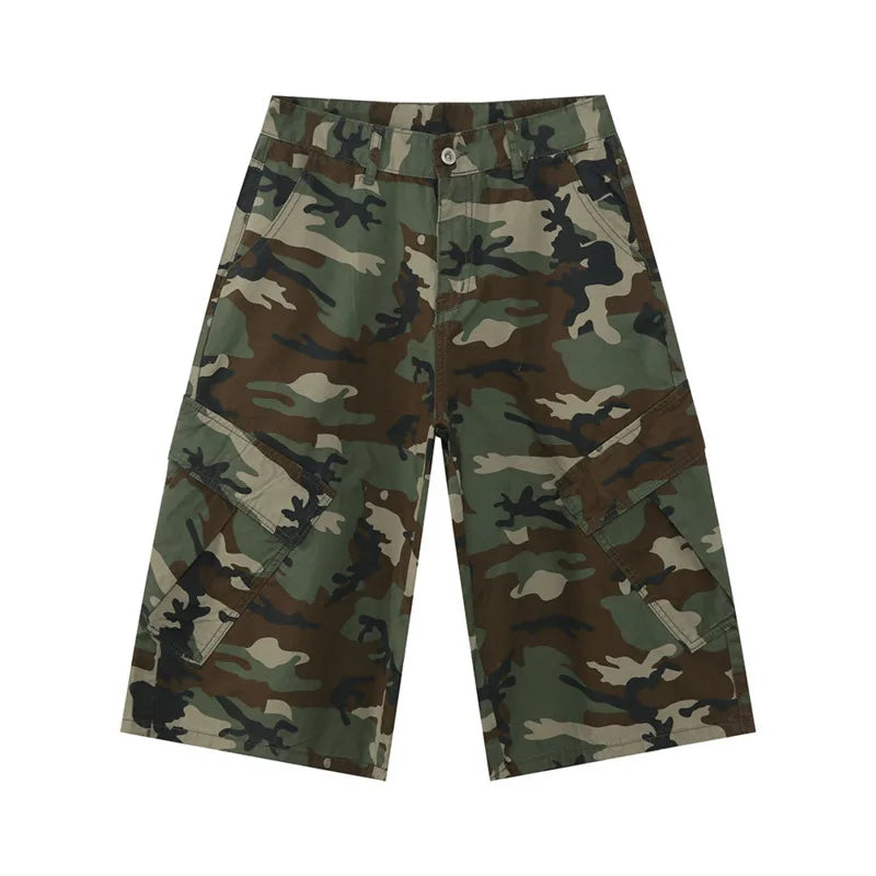 Men's American Style Camouflage Denim Shorts with Side Pockets & Patchwork Design - Casual Straight Wide Leg Baggy Jeans for Men | Perfect for Summer Outfits, Streetwear & Casual Wear