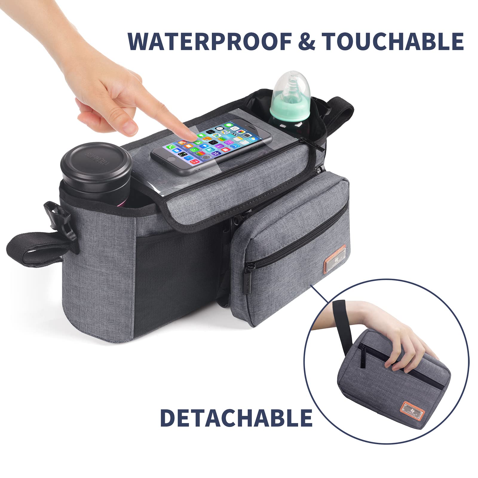 Universal Baby Stroller Organizer with Cup Holders & Detachable Storage Bag - Gray Stroller Accessories Caddy for Diapers, Phone, Keys, Toys & Snacks - Perfect for Park Outings, Shopping Trips & Family Walks