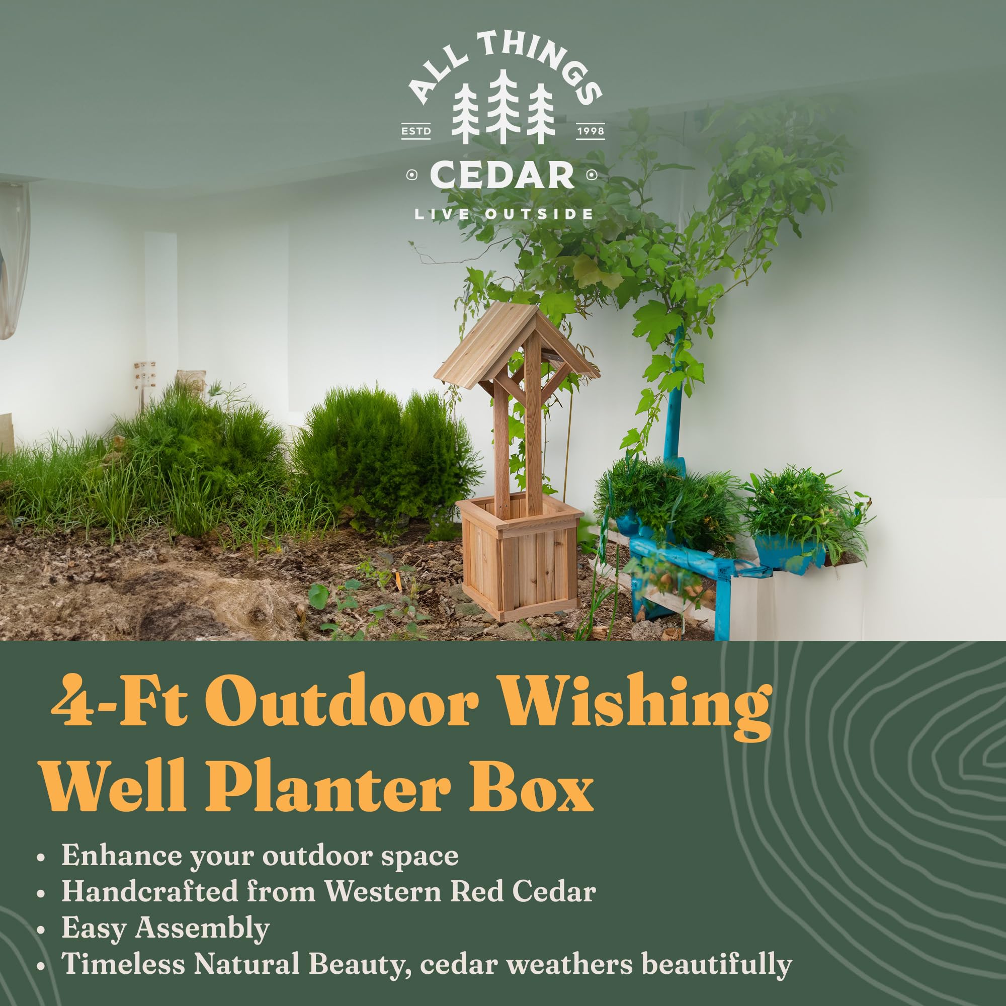 4-Ft Cedar Outdoor Wishing Well Planter Box for Flowers & Plants - Perfect for Garden Decor, Patio Landscaping & Backyard Displays