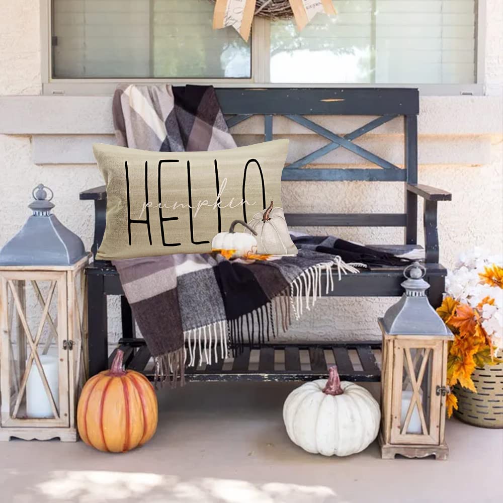 Smilyard Hello Pumpkin Pillow Covers 12x20 Inch - Fall Decor Grey Pumpkins with Seasonal Quotes, Autumn Harvest Farmhouse Cushion Covers for Thanksgiving, Halloween, and Home Decor | Perfect for Sofa, Bed, Porch & Seasonal Display
