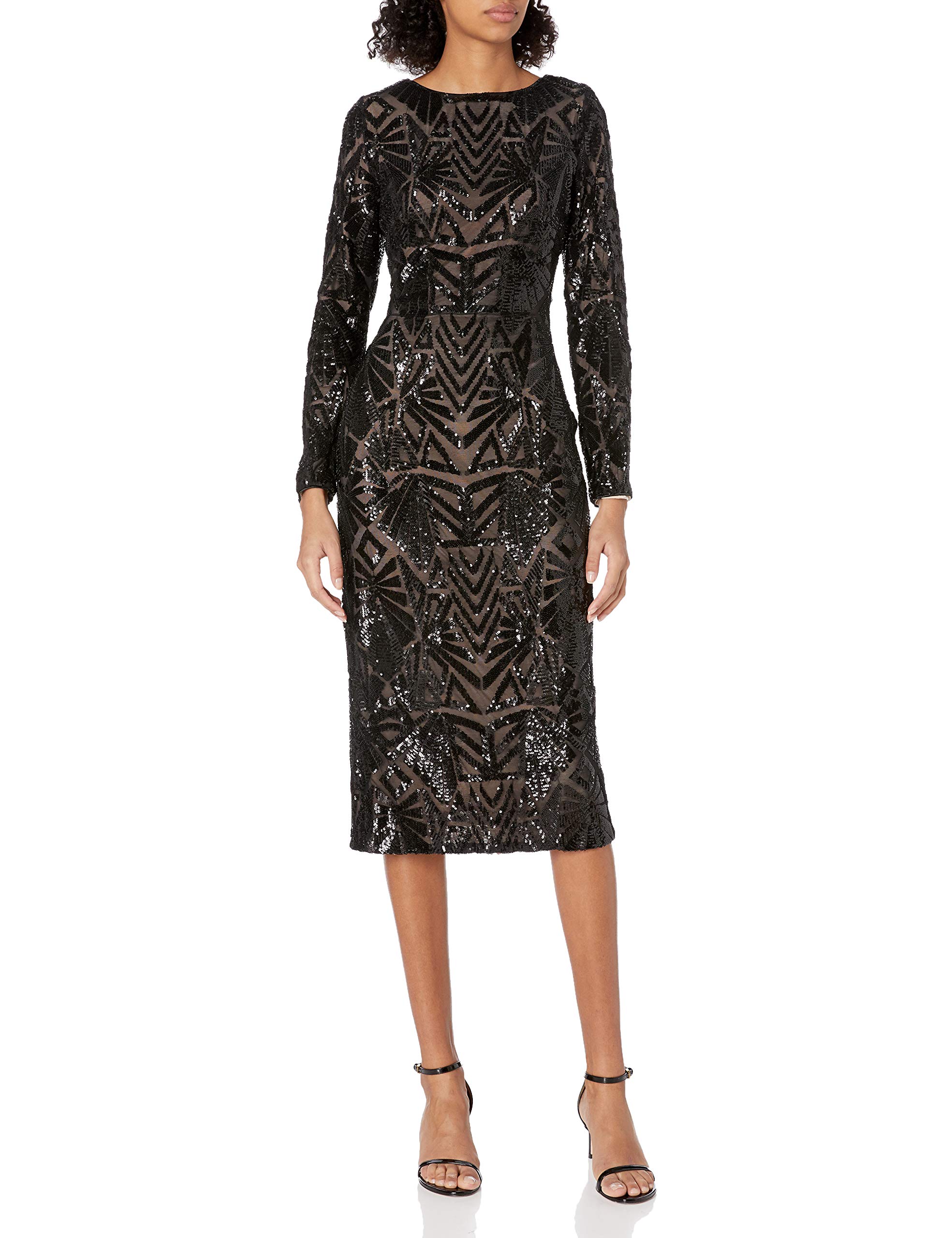 Dress the Population Women's Emery Long Sleeve Stretch Sequin Midi Sheath Dress - Elegant Party Gown for Cocktail Events, Holiday Parties & Evening Occasions