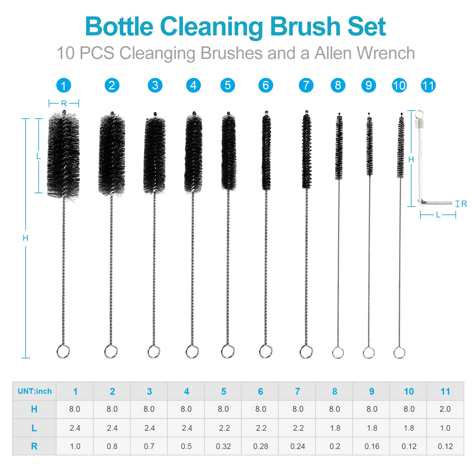 8 Inch Straw Cleaner Brush Set - 11pcs Nylon Bottle & Tube Cleaning Brushes with Allen Wrench - Perfect for Narrow Neck Bottles, Water Bottles, Straws, Baby Bottles & Reusable Drinkware - Black Cleaning Brush Kit