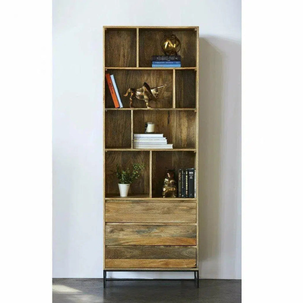 86 Inch Natural Scandinavian Wood Shelf with Drawers - Stylish Storage Solution for Living Room, Bedroom, or Home Office