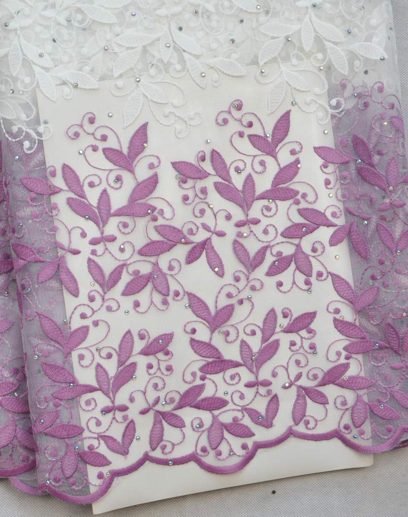 SanVera17 Glitter Stone African Lace Fabric - Premium Embroidered Guipure Net Lace for Wedding Dresses & Party Outfits (Light Purple, 5 Yards) - Perfect for Bridal Gowns, Evening Dresses & Special Occasion Attire