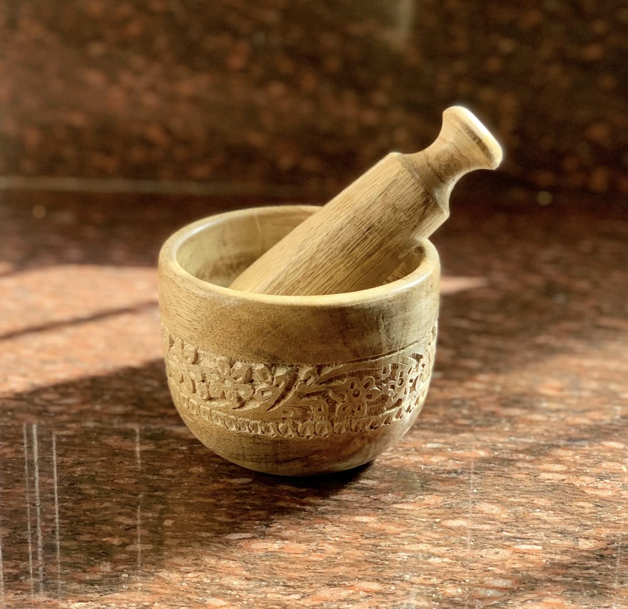 Handmade Wooden Mortar and Pestle Set - Natural Rustic Herb Grinder, Spice Mixer, Masala Crusher for Kitchen - Perfect for Grinding Herbs, Spices, Pills & Seasonings - Ideal Housewarming Gift & Kitchen Utensil for Cooking Enthusiasts