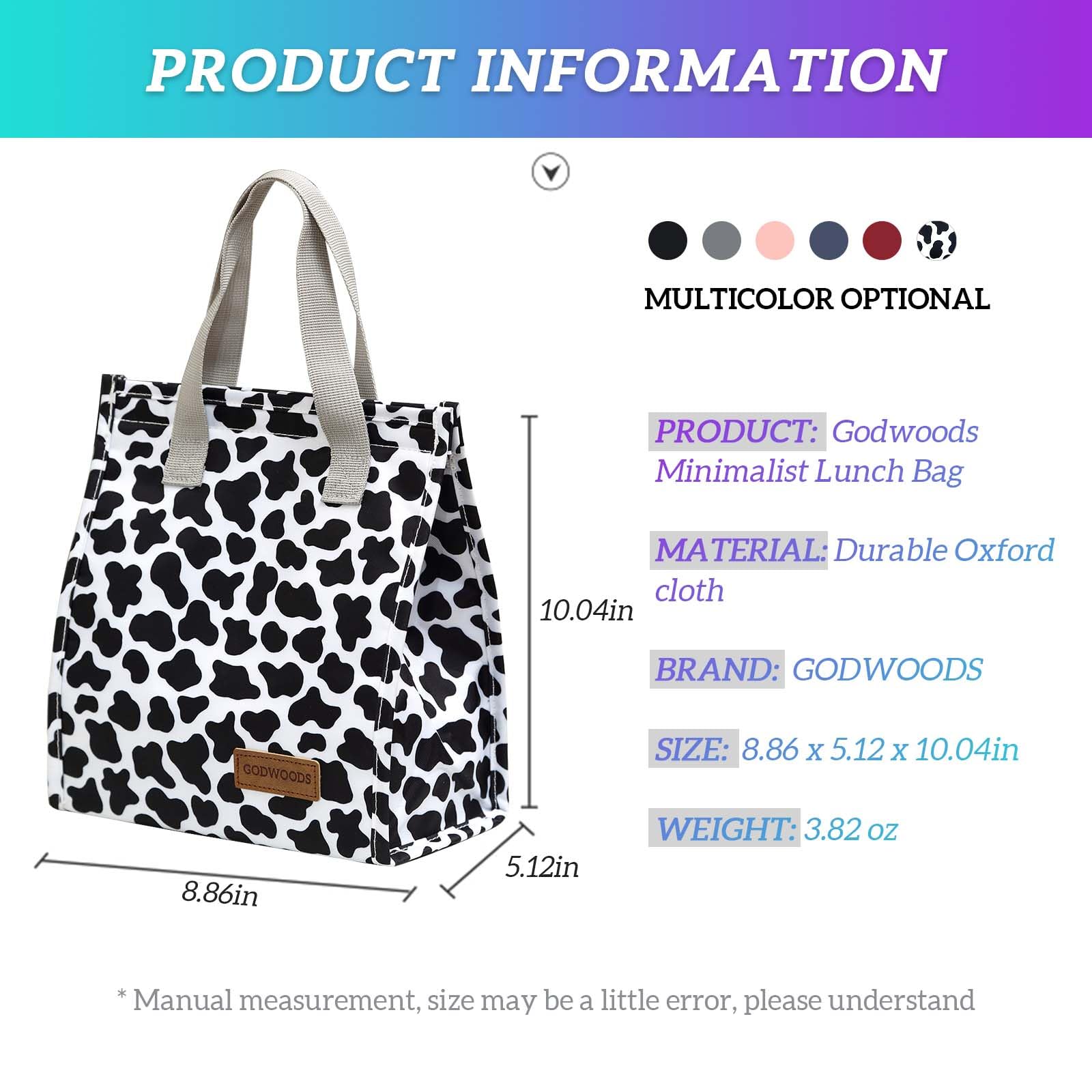 Insulated Lunch Bag for Women & Men - Large Reusable Leakproof Tote Lunch Box Container for Office, Work, Beach or Travel - Cow Print Design | Perfect for Meal Prep, Picnics & Commuting
