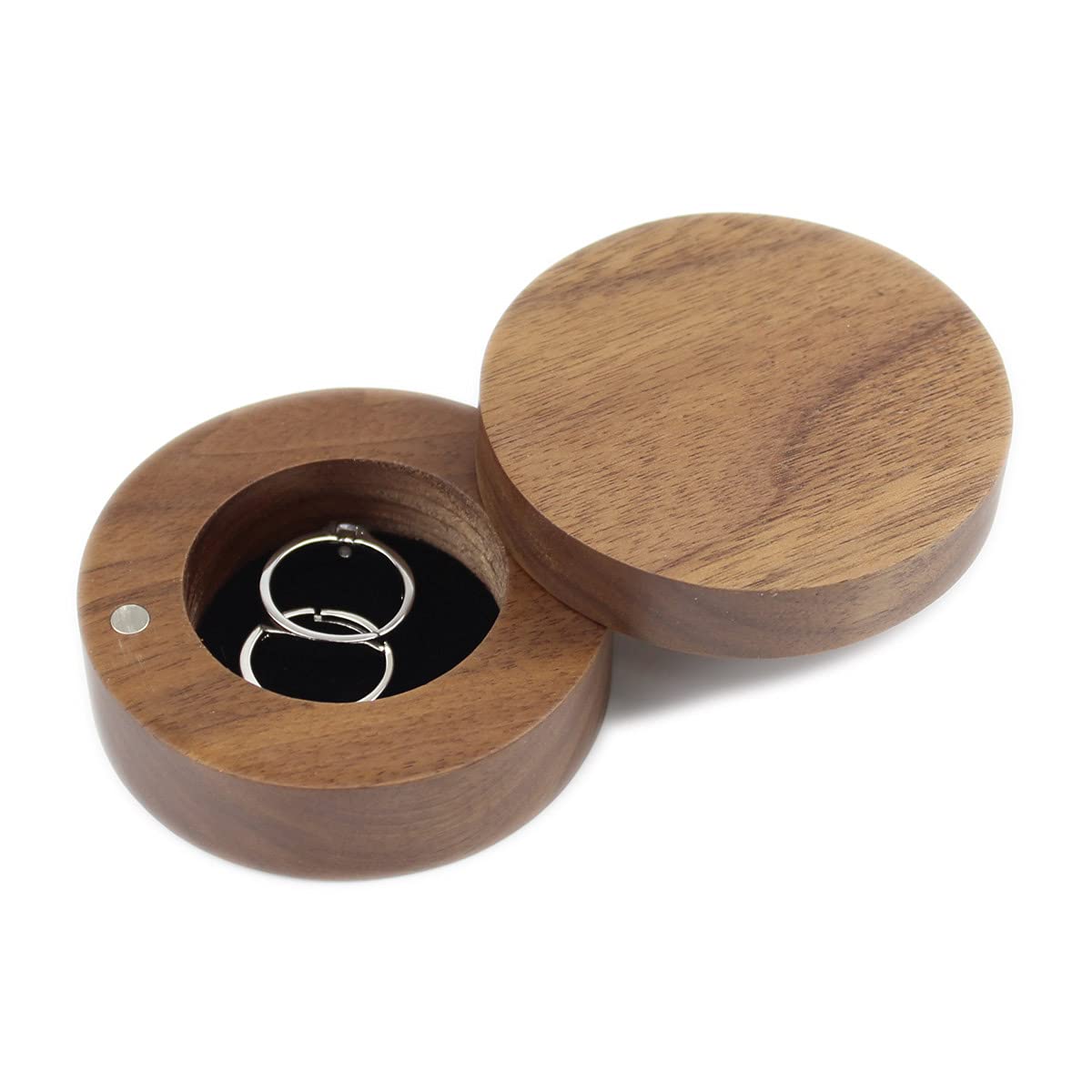 Rustic Wooden Ring Bearer Box for Wedding Ceremony - Round Walnut Double Ring Holder with Magnetic Slide Closure | Perfect for Wedding Rings, Engagement Rings & Vow Renewals