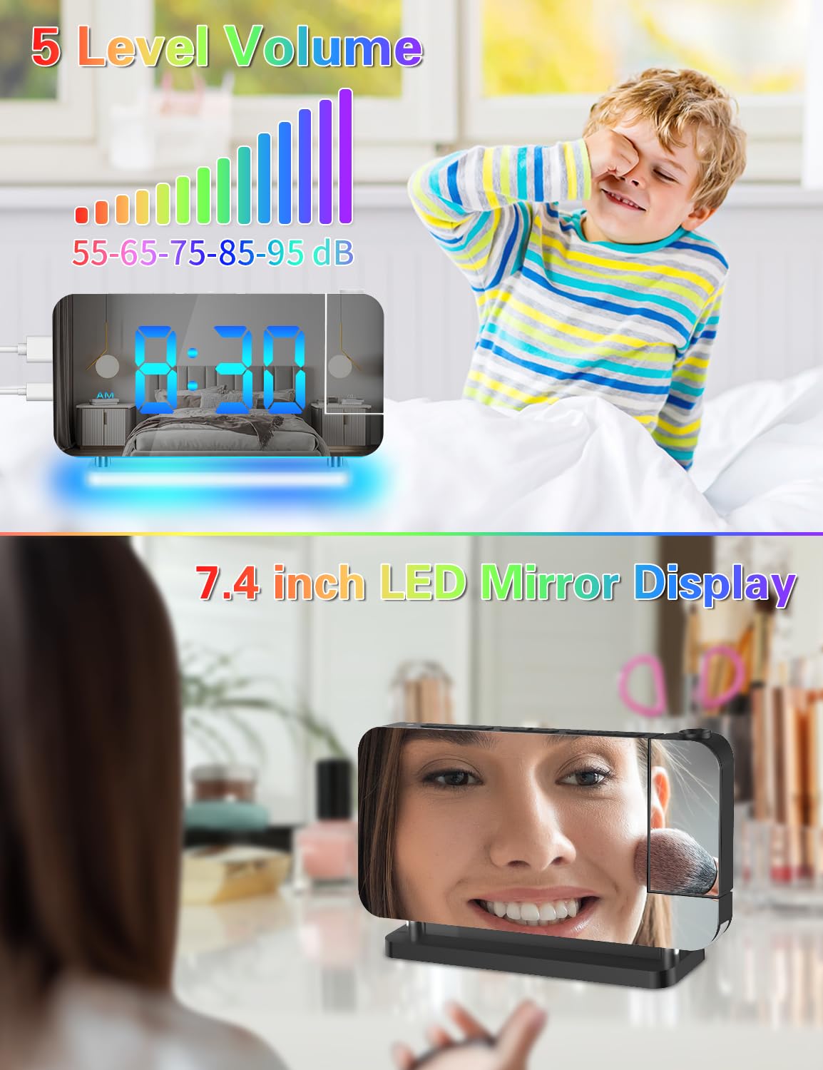 Digital Projection Alarm Clock with 180° Rotatable Projector & RGB Night Light - Auto Dimmer, Snooze, 12/24H Format, Dual USB Charger Ports - Perfect LED Desk Clock for Bedroom, Home Office & Nightstand