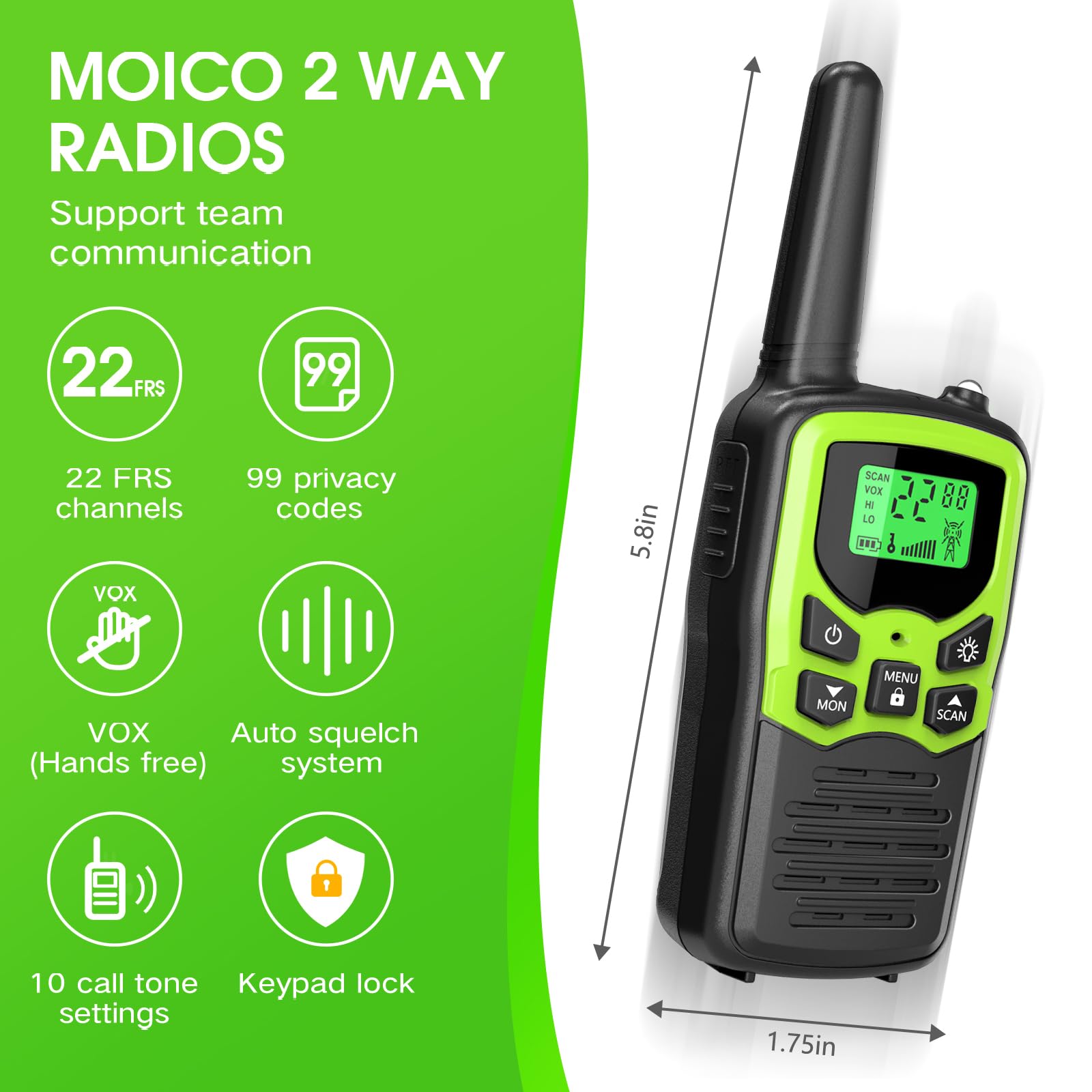 MOICO Long Range Walkie Talkies for Adults - 2 Pack Green Two-Way Radios with 22 FRS Channels, VOX Scan, LCD Display & LED Flashlight - Perfect for Field Communication, Survival Gear, Biking, Hiking and Camping Adventures