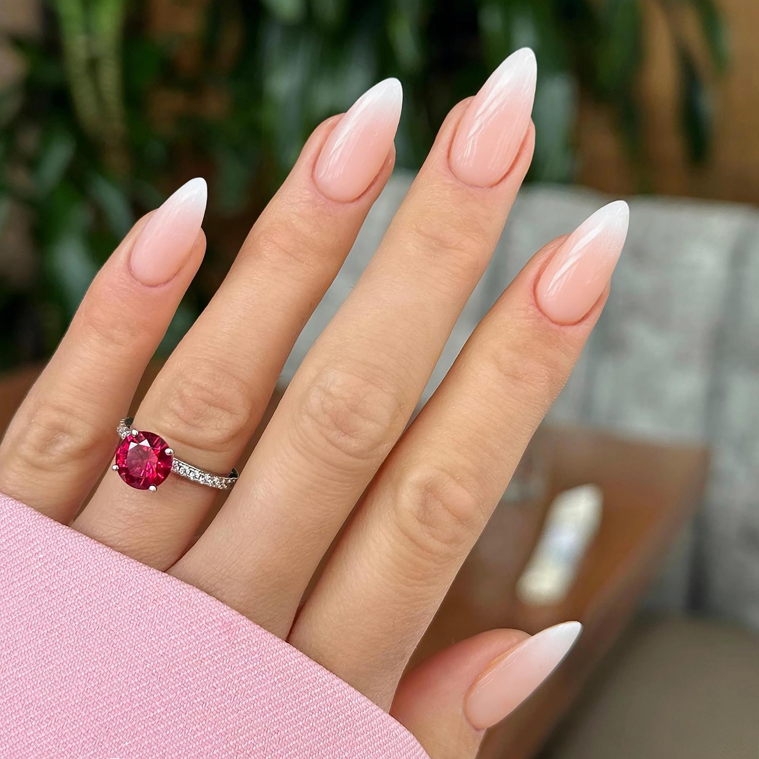 Ombre Nude to White Press On Nails - Medium Almond Fake Nails with Glossy Finish, Full Cover Glue On Nails for Women (24-Piece Kit, 12 Sizes) - Perfect for Daily Wear, Natural Look & Special Occasions