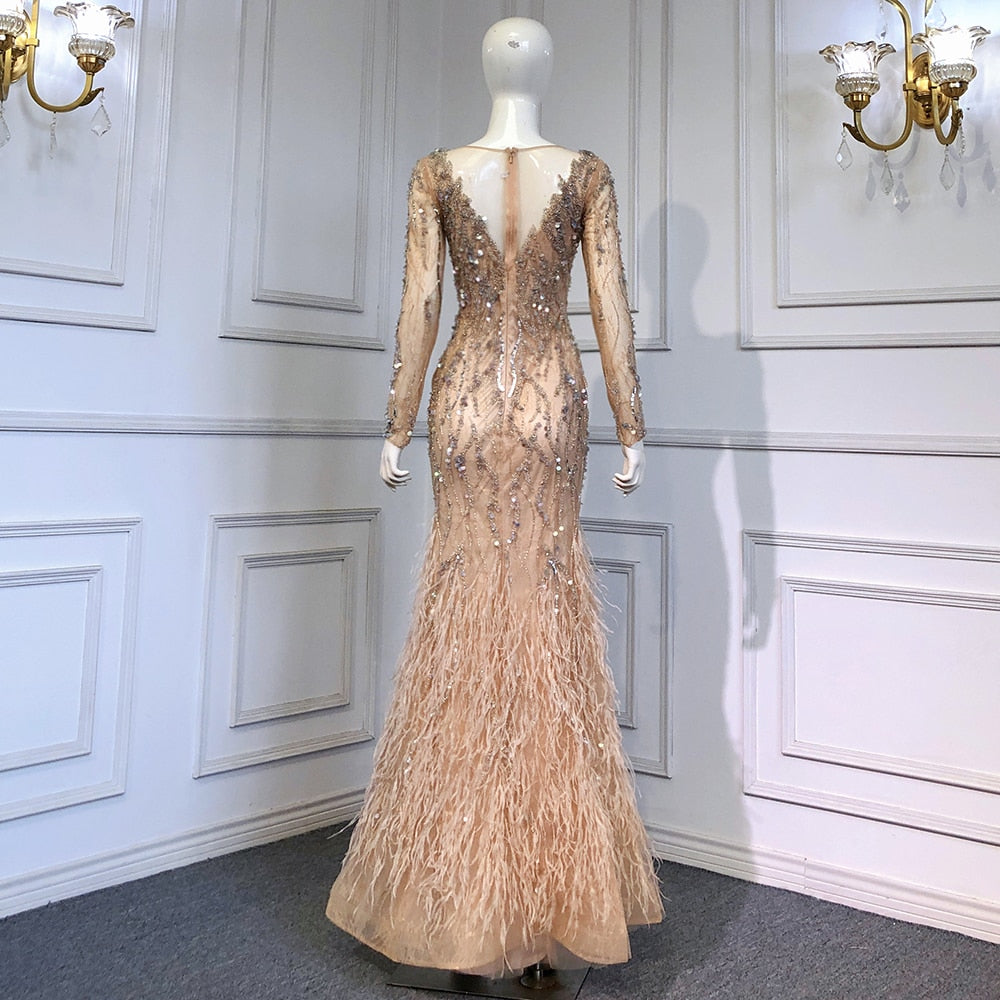 Elegant Muslim Evening Dresses for Women 2025 - Luxury Beaded Feather Mermaid Gowns for Parties & Special Occasions | Serene Hill LA71093