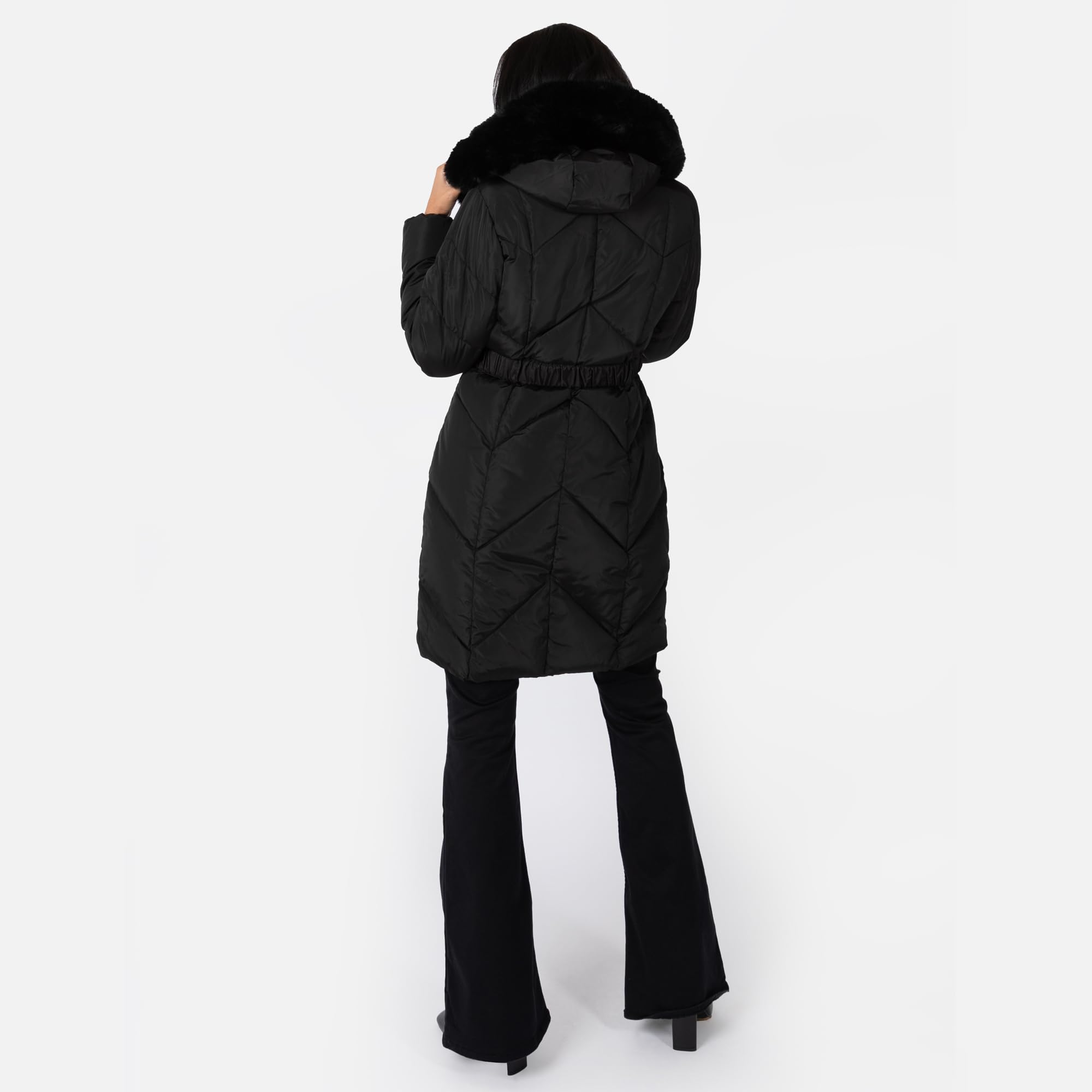 Lovedrobe Women's Winter Jacket - Quilted Padded Puffer Coat with Faux Fur Hood, Belted Waist & Front Pockets - Warm Outerwear for Cold Weather, Snow, Skiing & Daily Winter Fashion