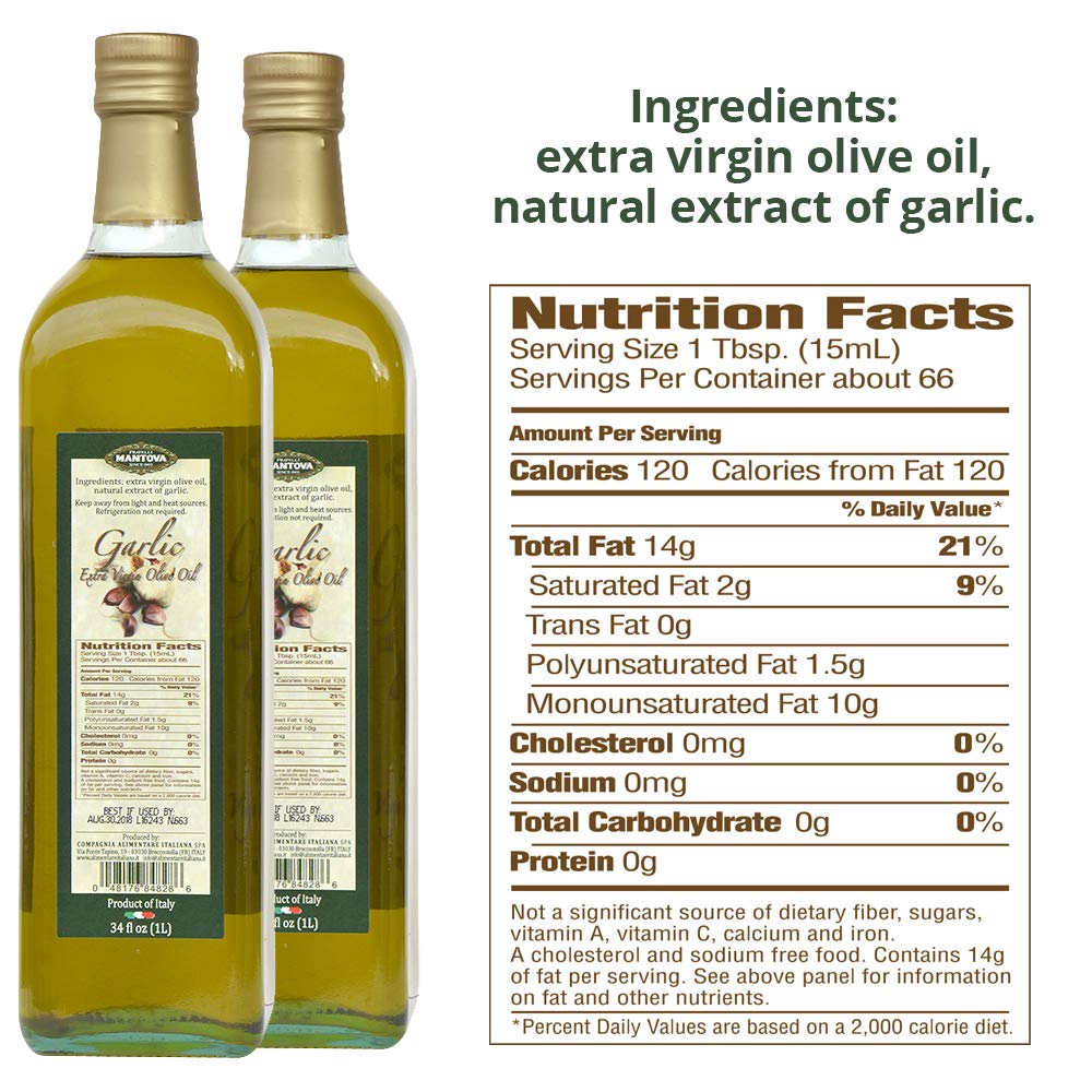 Premium Mantova Garlic Infused Extra Virgin Olive Oil (EVOO) - Cold-Pressed, Imported from Italy - 34 oz Glass Bottle (Pack of 2) - Perfect for Salads, Pasta, Vegetables & Bread Dipping - Great for Cooking, Grilling & Gourmet Recipes