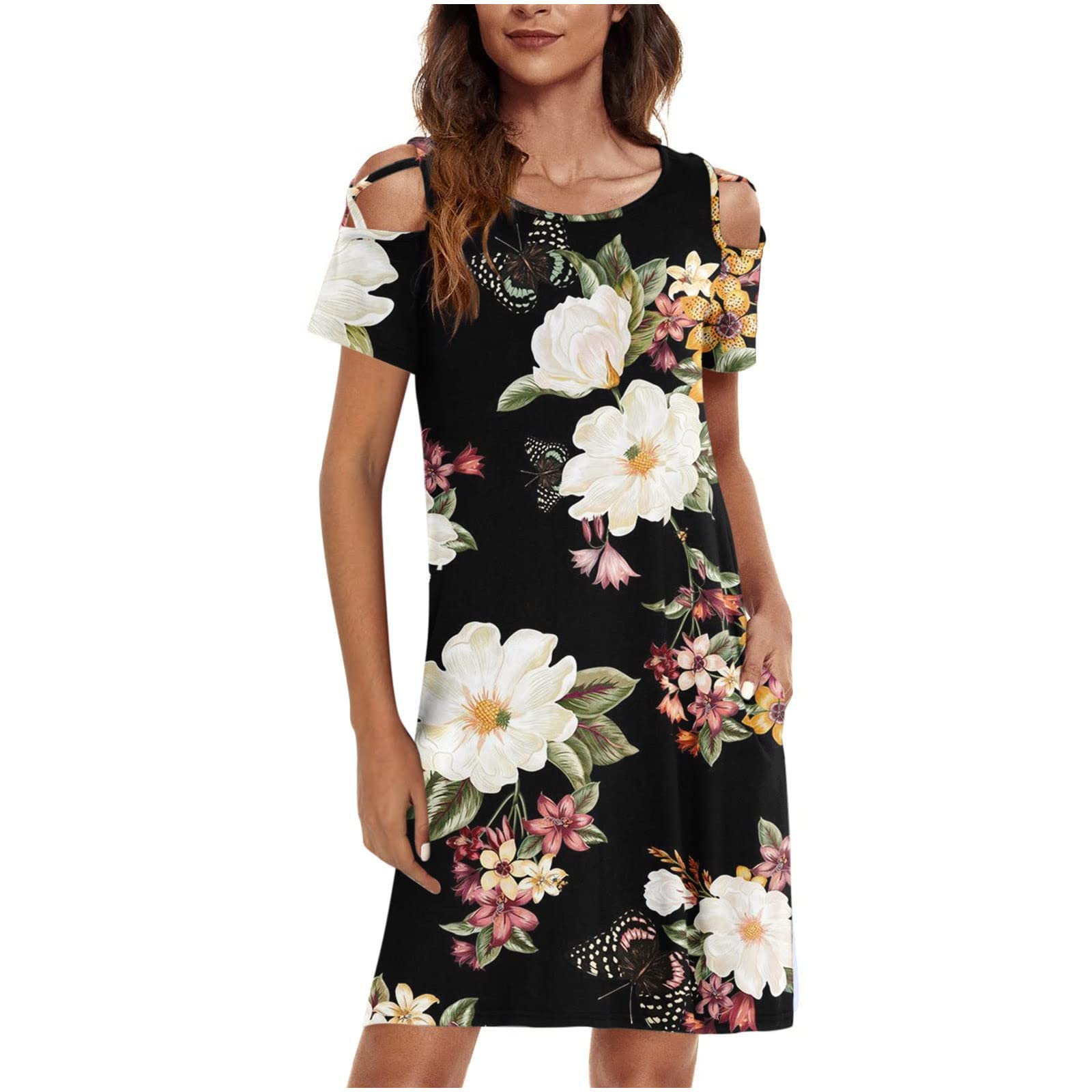 Women's Summer Boho Dresses - Criss Cross Cold Shoulder Beach Dress, Loose Fit Mini Dress with Pockets | Perfect for Vacation, Music Festivals & Casual Outings