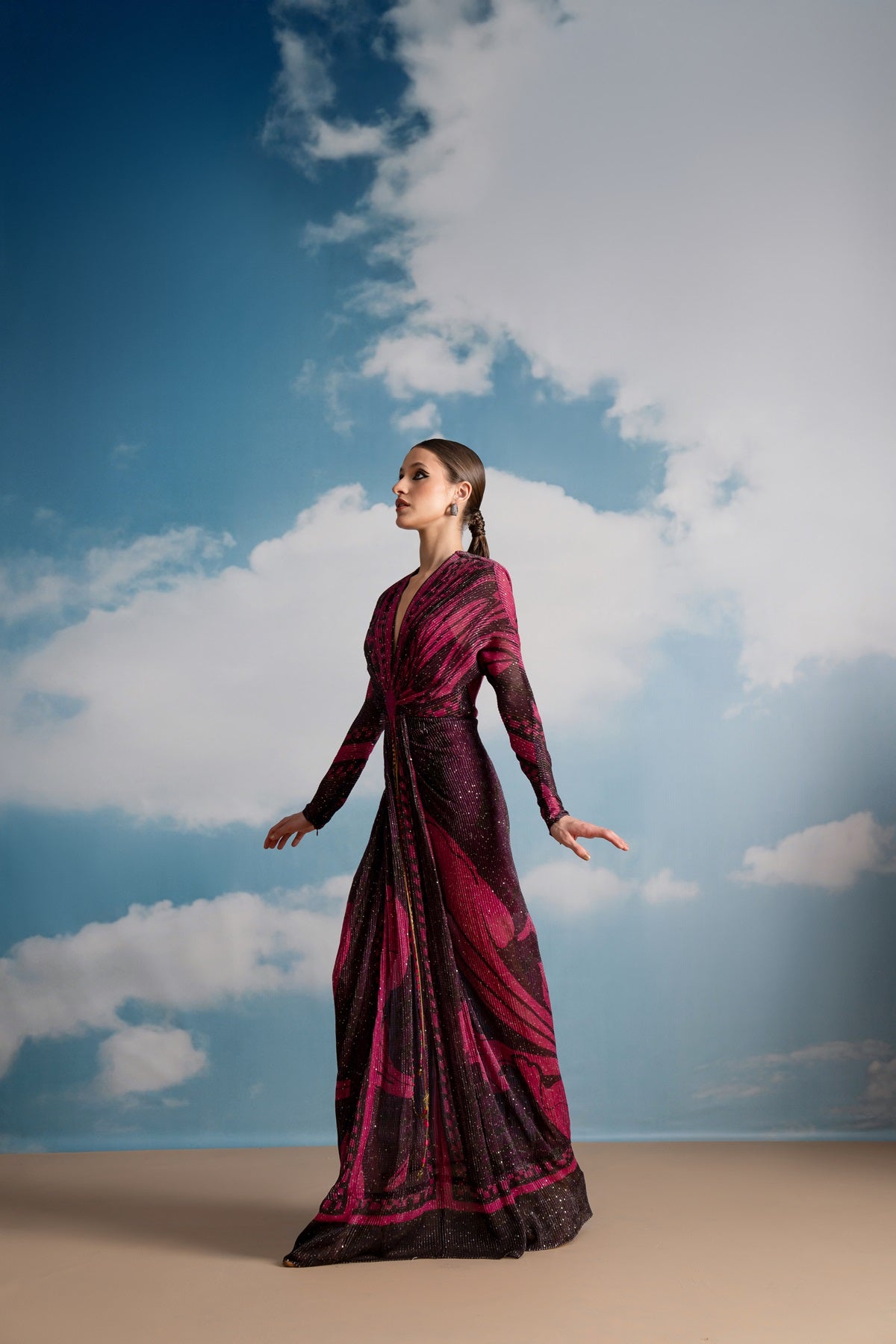Fuchsia Pink Swirl Printed Draped Dress for Women - Elegant Party & Evening Wear - Perfect for Weddings, Cocktails & Special Occasions