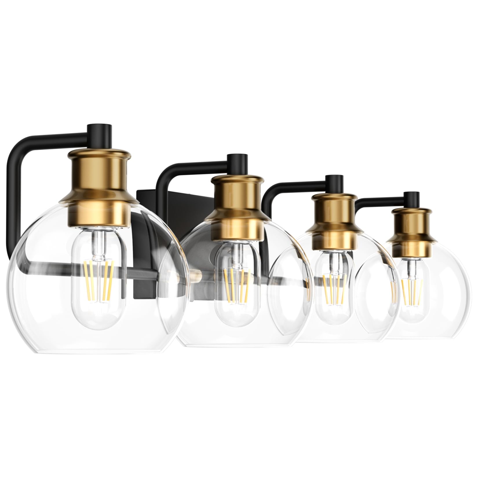 Vintage Black & Gold 4-Light Bathroom Vanity Lighting Fixture with Clear Glass Globes - Farmhouse Style Industrial Sconce for Bathroom Mirror & Makeup Area (Bulbs Not Included) | Perfect for Rustic, Modern & Traditional Home Decor