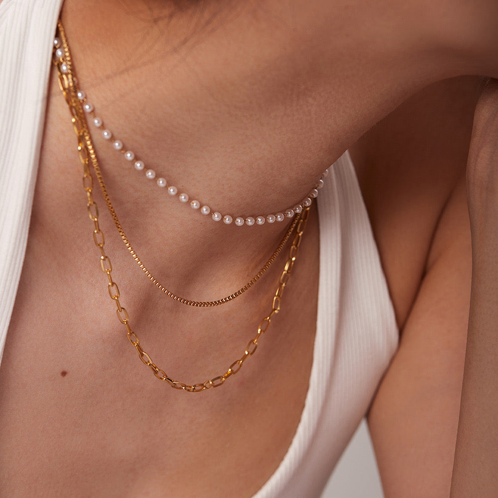 18K Gold Multi Layer Box Chain Necklace with Pearl Beads - Elegant Layered Jewelry for Women | Perfect for Weddings, Parties & Special Occasions | JDN20667