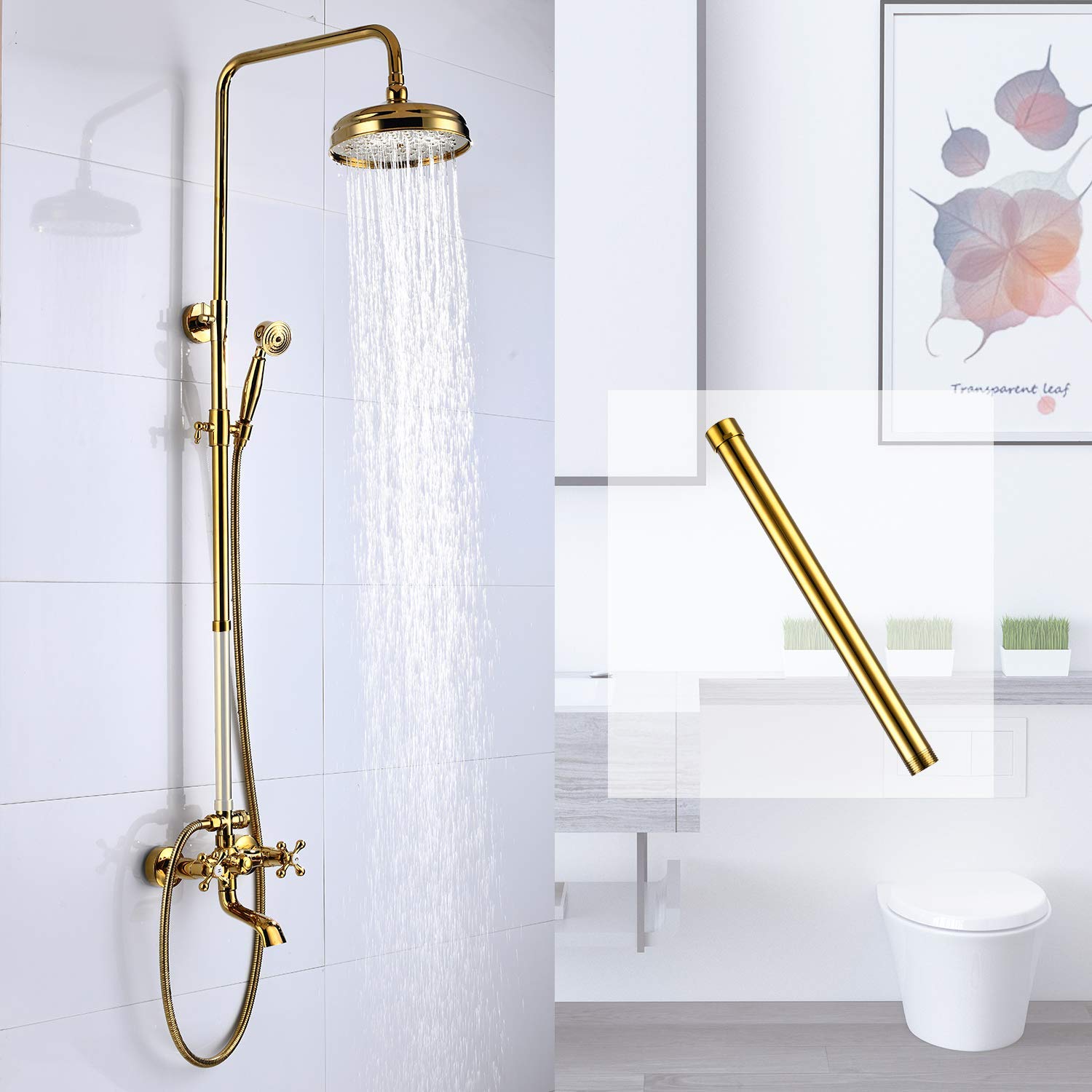 Luxury 8 Inch Gold Polished Rainfall Shower Head System with 2 Cross Knobs & 12 Inch Extension Tube - Premium Bathroom Faucet Kit for Spa-Like Shower Experience