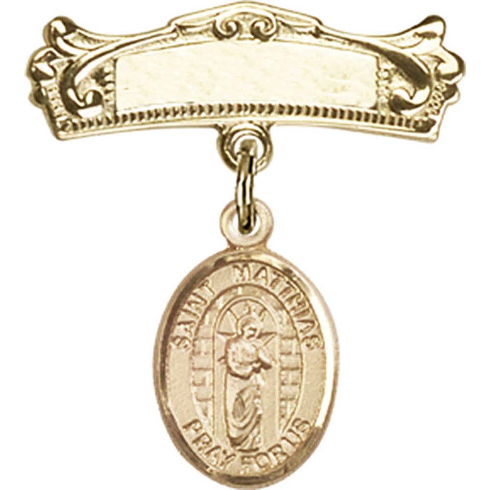 St. Matthias The Apostle Gold Filled Baby Badge - 7/8 X 3/4 Inch Arched Polished Charm Pin for Christening, Baptism & First Communion Gifts
