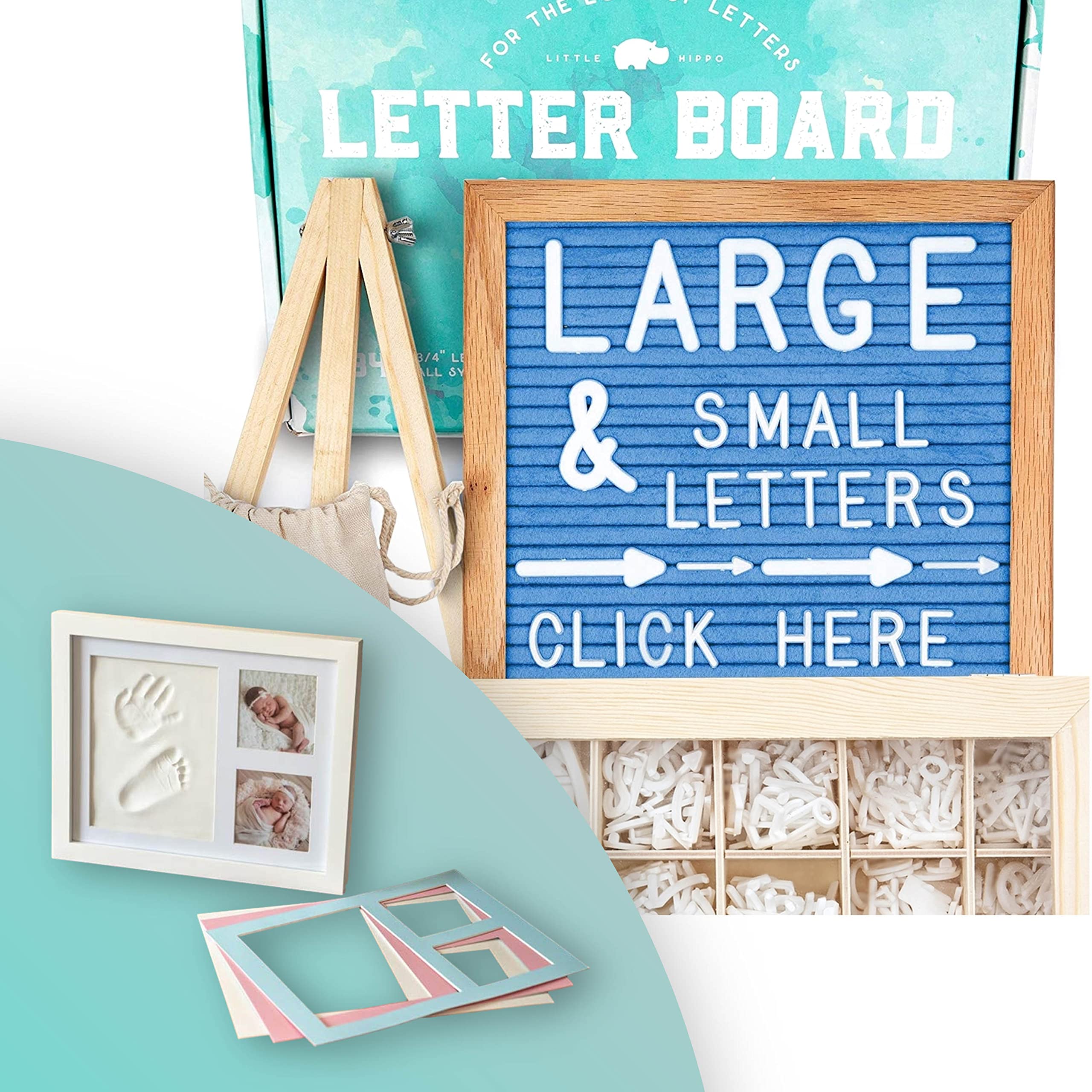 Little Hippo Baby Handprint Picture Frame Kit & Blue Letter Board Kit - DIY Keepsake for Newborns, Baby Showers, and Nursery Decor - Perfect for First Birthday Gifts and Family Photo Displays