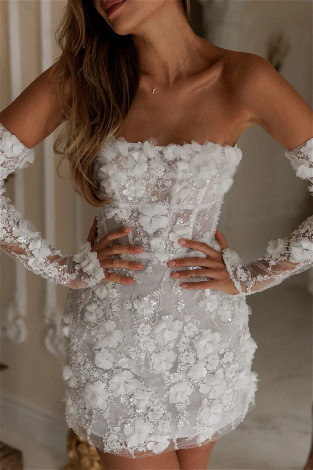 Elegant Floral Lace Appliques Prom Dress - Off Shoulder Mini Evening Gown with Detachable Sleeves for Homecoming, Wedding, Party & Special Occasions