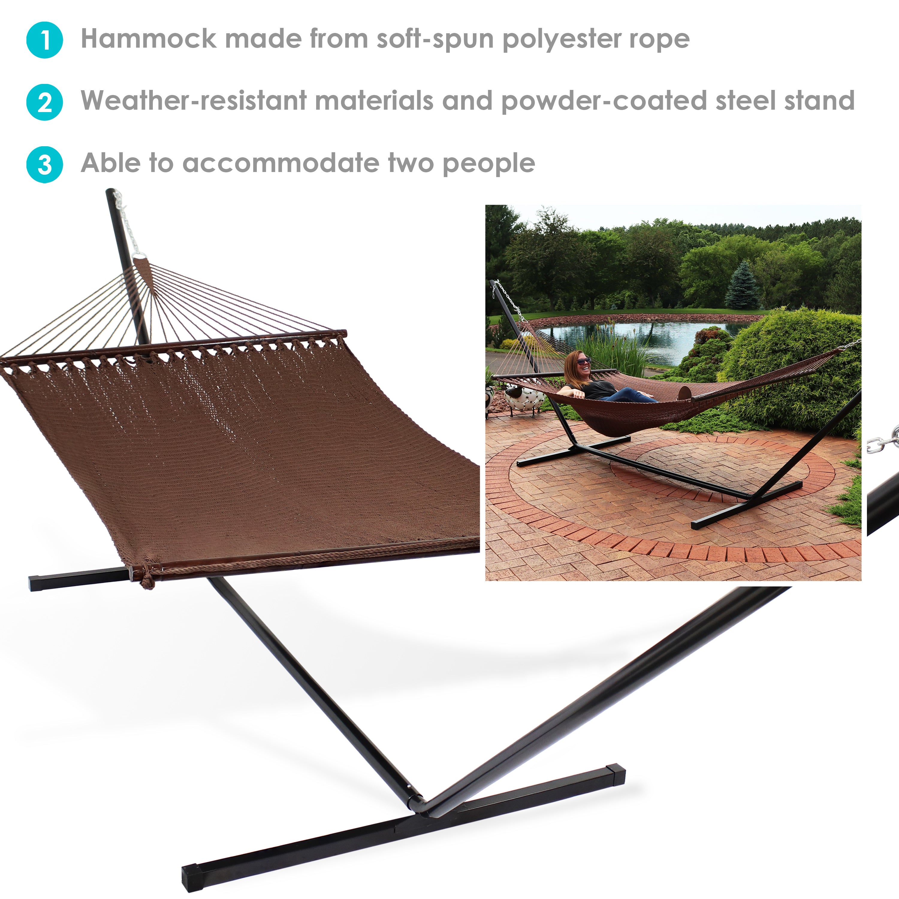 Sunnydaze 2-Person Soft Spun Polyester Rope Hammock with Stand - Portable Outdoor Hanging Bed for Backyard, Patio, Beach & Camping Relaxation