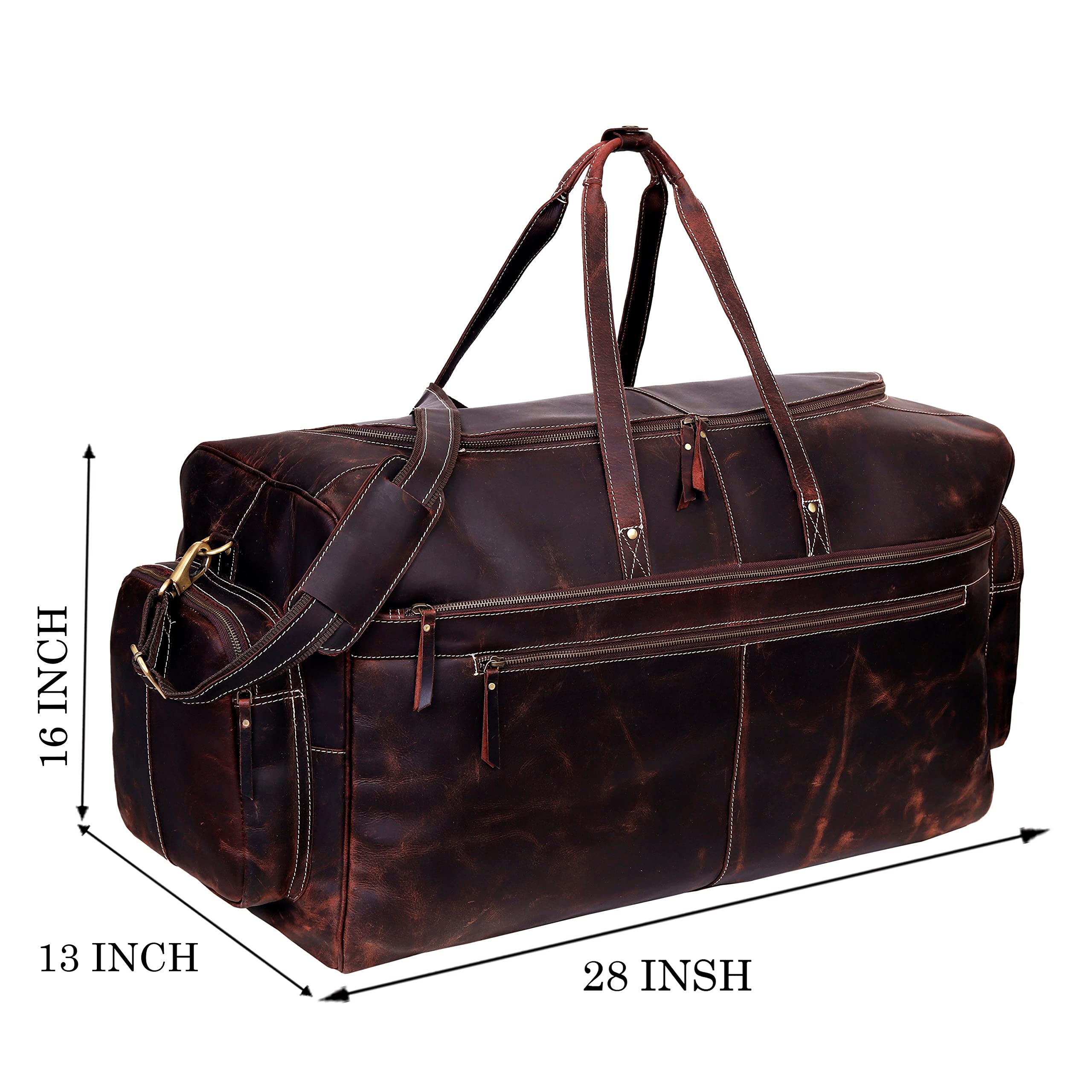 Premium Leather Duffle Travel Bag for Men & Women - 28 Inch Large Carry On Gym Sports Overnight Bag - Airline Approved Underseat Cabin Luggage for Business Trip & Weekend Getaway - Perfect Gift for Professionals (Use Cases: Gym, Business Travel, Weekend Trips, Sports Events)