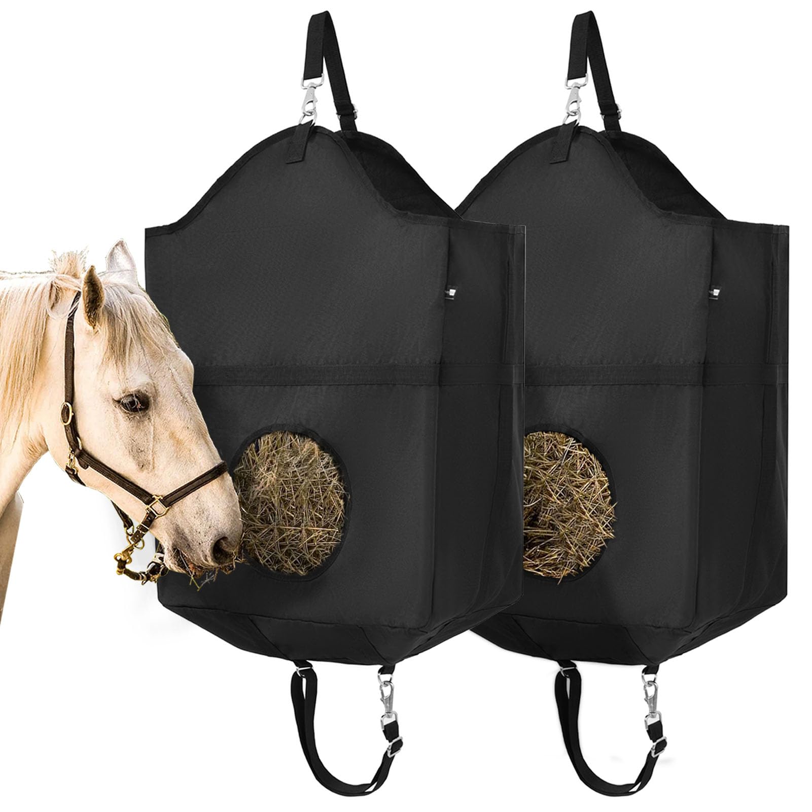 2 PCS Heavy Duty 1000D Hay Feeder Bags for Horses, Goats, Sheep, Ponies & Donkeys - Large Capacity Slow Feed Hay Nets with Reinforced Metal Clips & Adjustable Straps - Perfect for Stable, Pasture & Travel Use