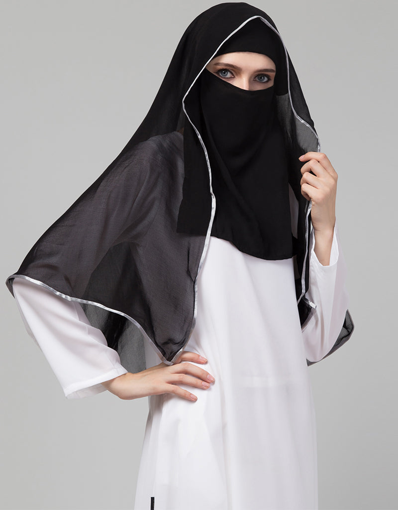 Black & Grey Polyester Georgette Hijab Scarf - Lightweight & Breathable Head Cover for Women - Perfect for Daily Wear, Prayer, and Modest Fashion
