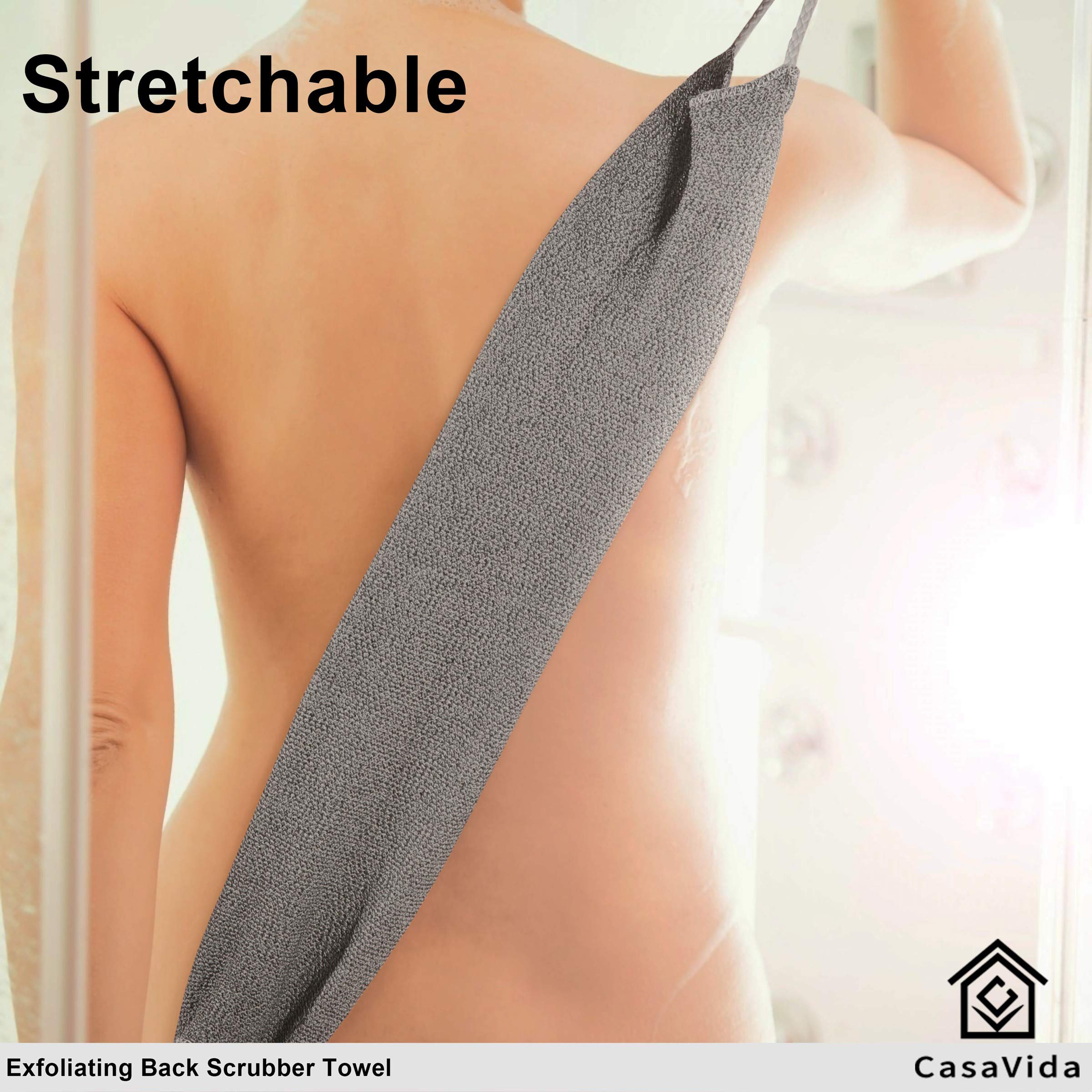 CASAVIDA Back Scrubber for Shower - 2 Pack Exfoliating Washcloth with Stretchable Strap, Nylon Bath Towel Washer for Deep Cleansing & Body Exfoliation (Jean Blue + Wine Red) - Perfect for Spa, Bath & Relaxation at Home