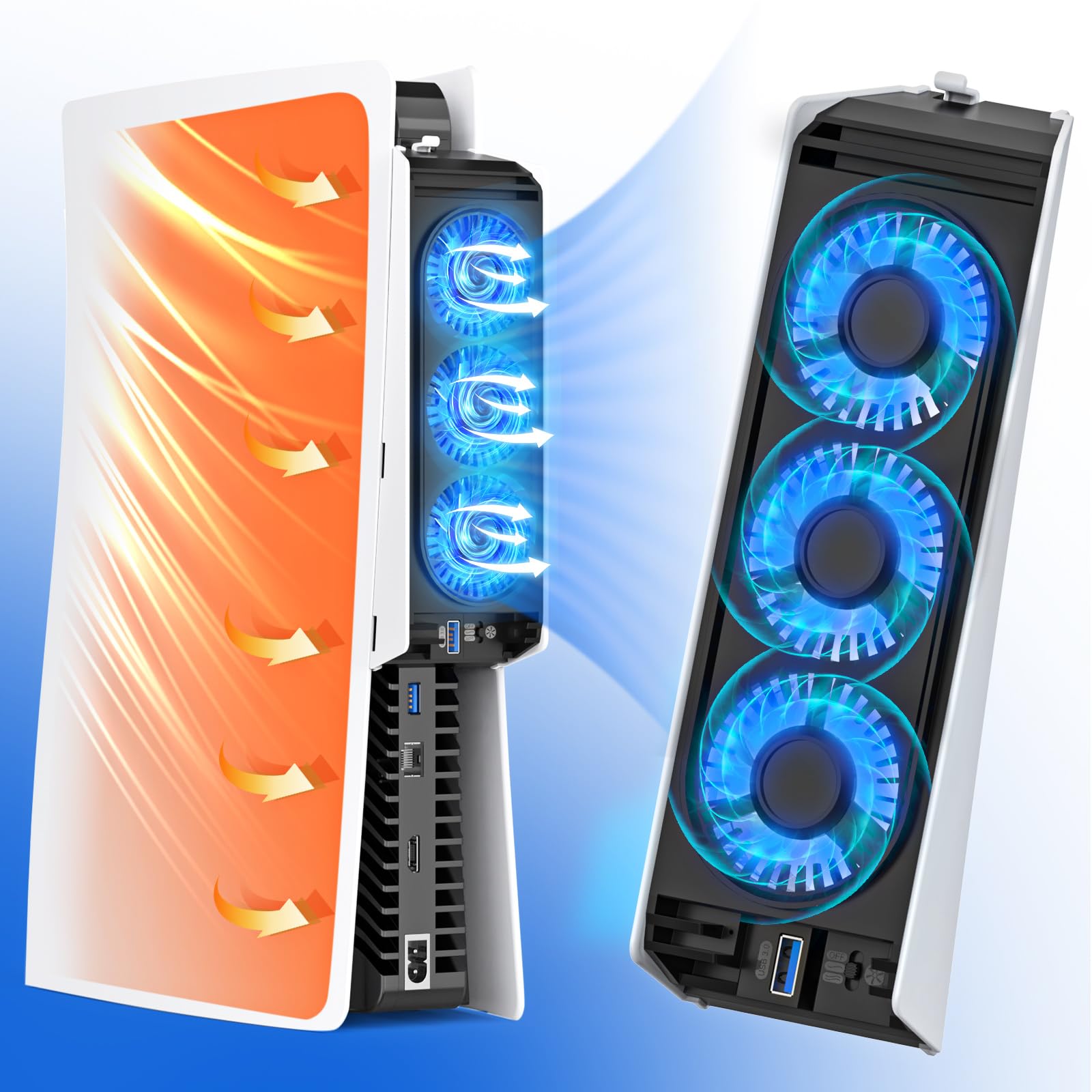Upgraded Auto-Temperature Control PS5 Cooling Fan with 3 Blue LED Lights & USB 3.0 Hub - Efficient Cooling System for PlayStation 5 (Compatible with Disc/Digital Editions) - Perfect for Gaming Marathons & Preventing Overheating