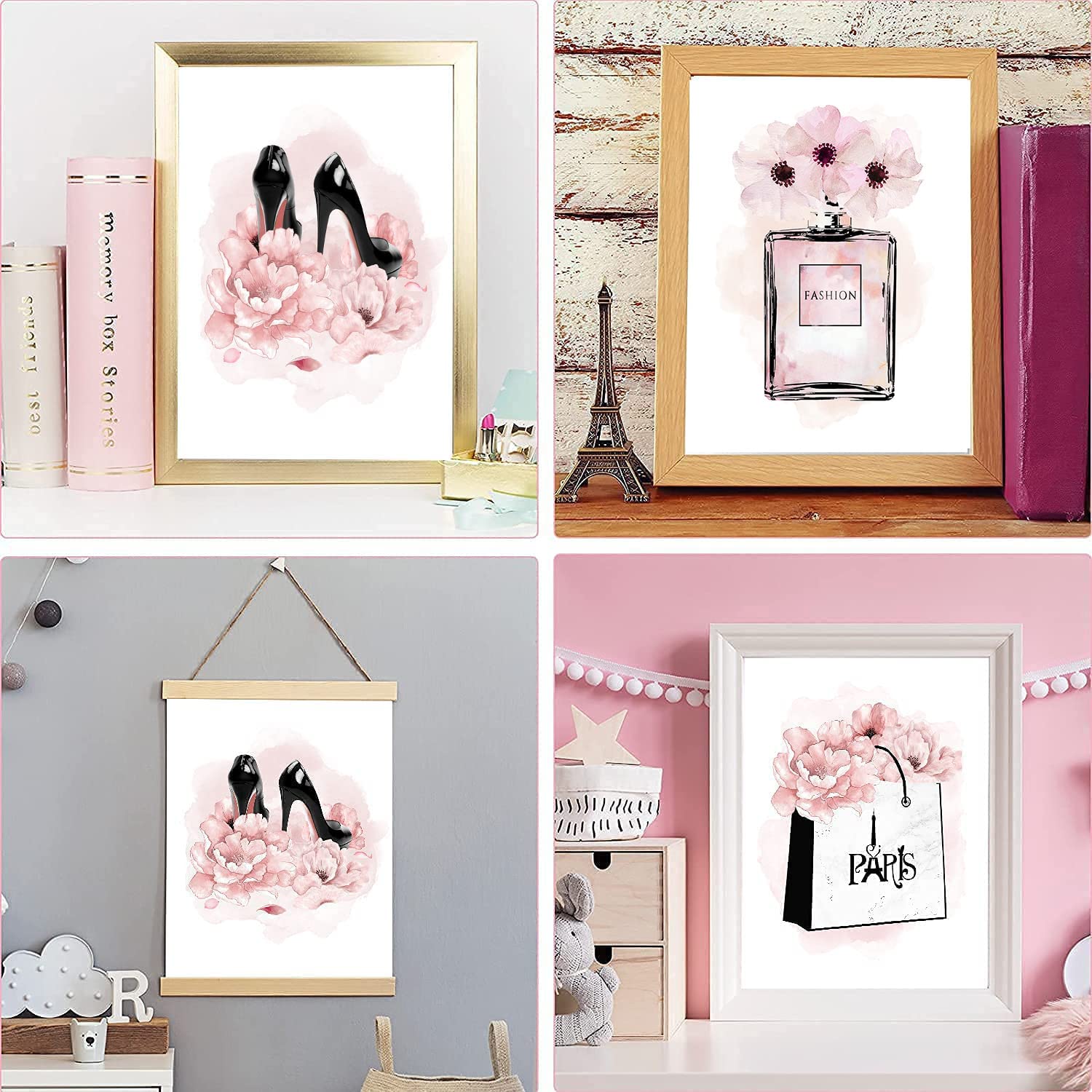 African American Wall Art - Black Girl Pink Flowers Canvas Prints, Set of 4 (8x10in UNFRAMED) - Perfect for Girls Bedroom Decor, Women's Room Aesthetic & Gift Ideas - Wall Paintings Featuring Perfume, Handbags & High Heels - Modern Home & Office Decor