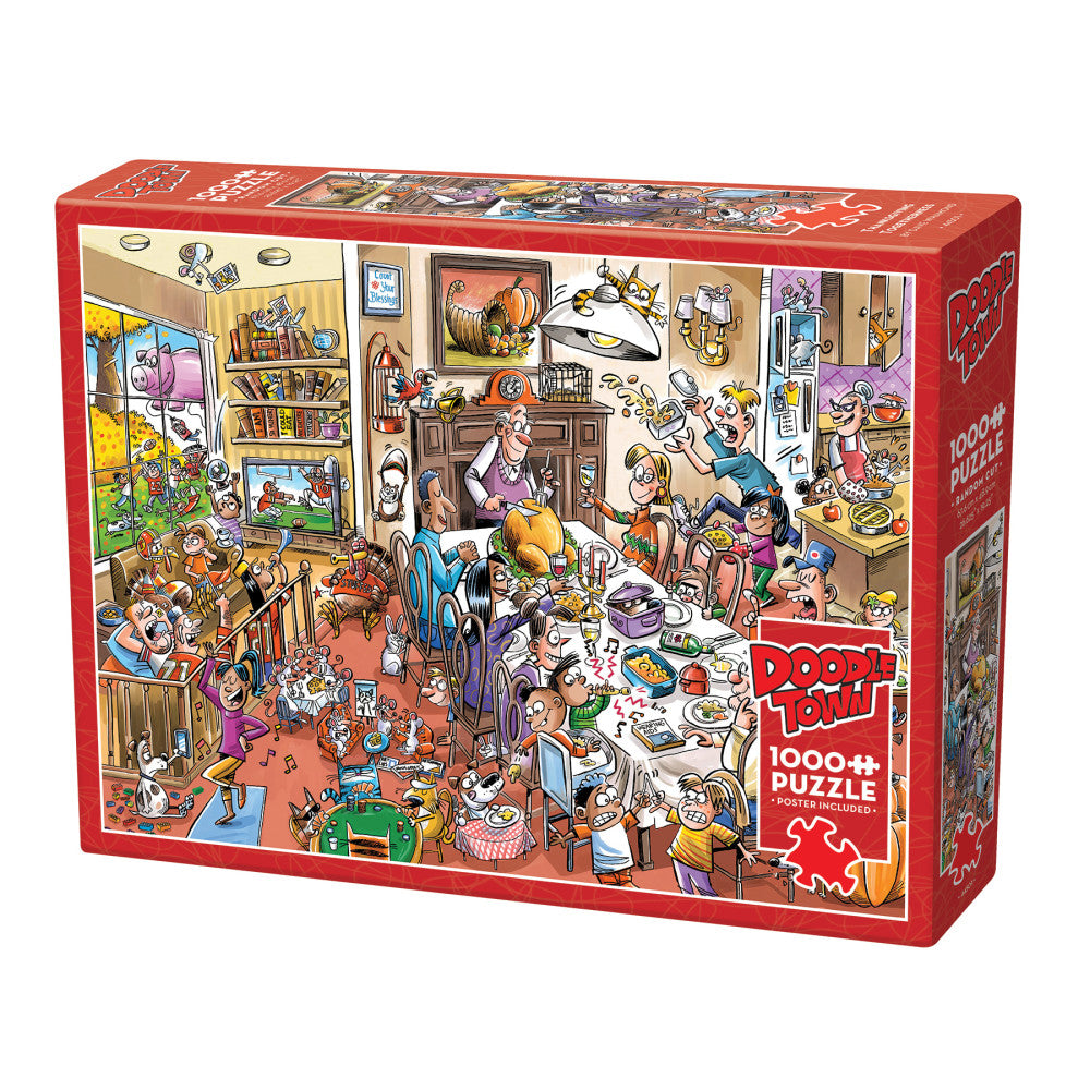 Cobble Hill DoodleTown: Thanksgiving Togetherness 1000 Piece Jigsaw Puzzle - Family Fun & Holiday Decor for Thanksgiving Gatherings