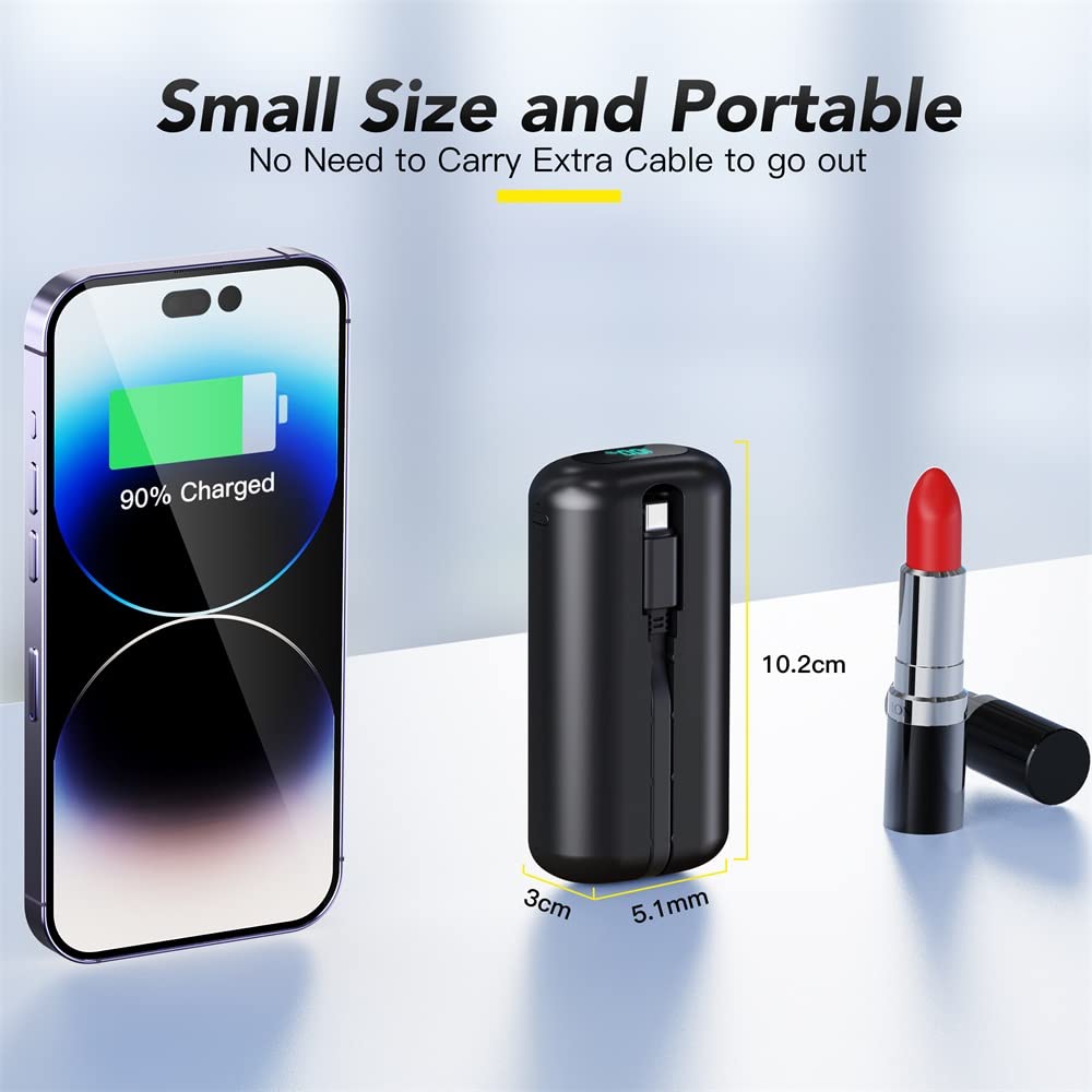 Portable USB C Power Bank 10000mAh with Built-in Cable - 20W PD Fast Charging Battery Pack for iPhone 15/15 Plus/15 Pro, Samsung Galaxy S23/S22/S21/S20, LG, Moto, Google Pixel - Compact & Lightweight for Travel, Camping, and Everyday Use (Black)