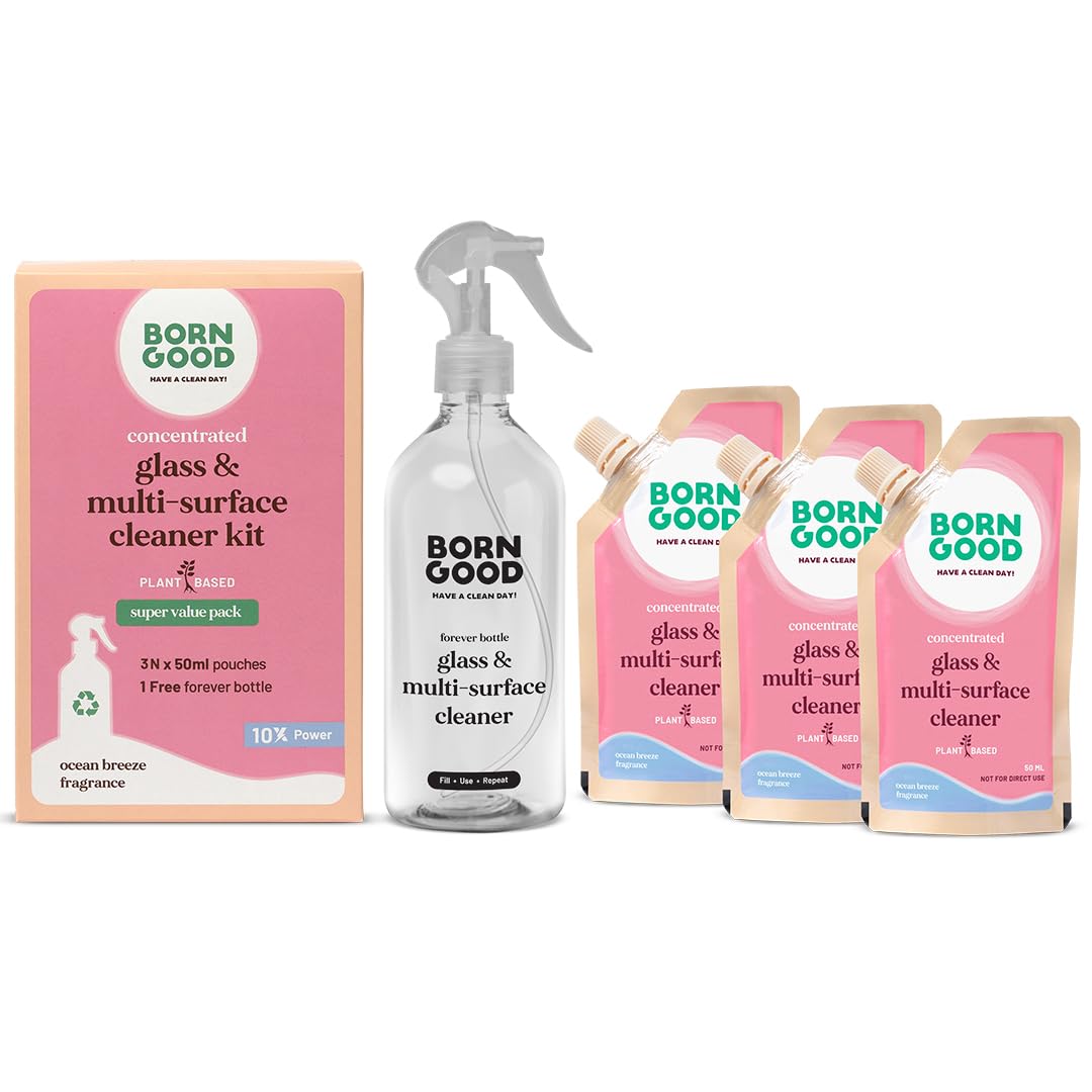 Born Good Glass & Multi-Surface Cleaner Concentrate 1.5L (50.7oz) Refill Bottle | 1 Pouch Makes 500ml (16.9oz) | Safe for Glass, Metal, Wood, Ceramic, Marble | Non-Toxic, Hypoallergenic | Perfect for Windows, Mirrors, Countertops & Household Cleaning