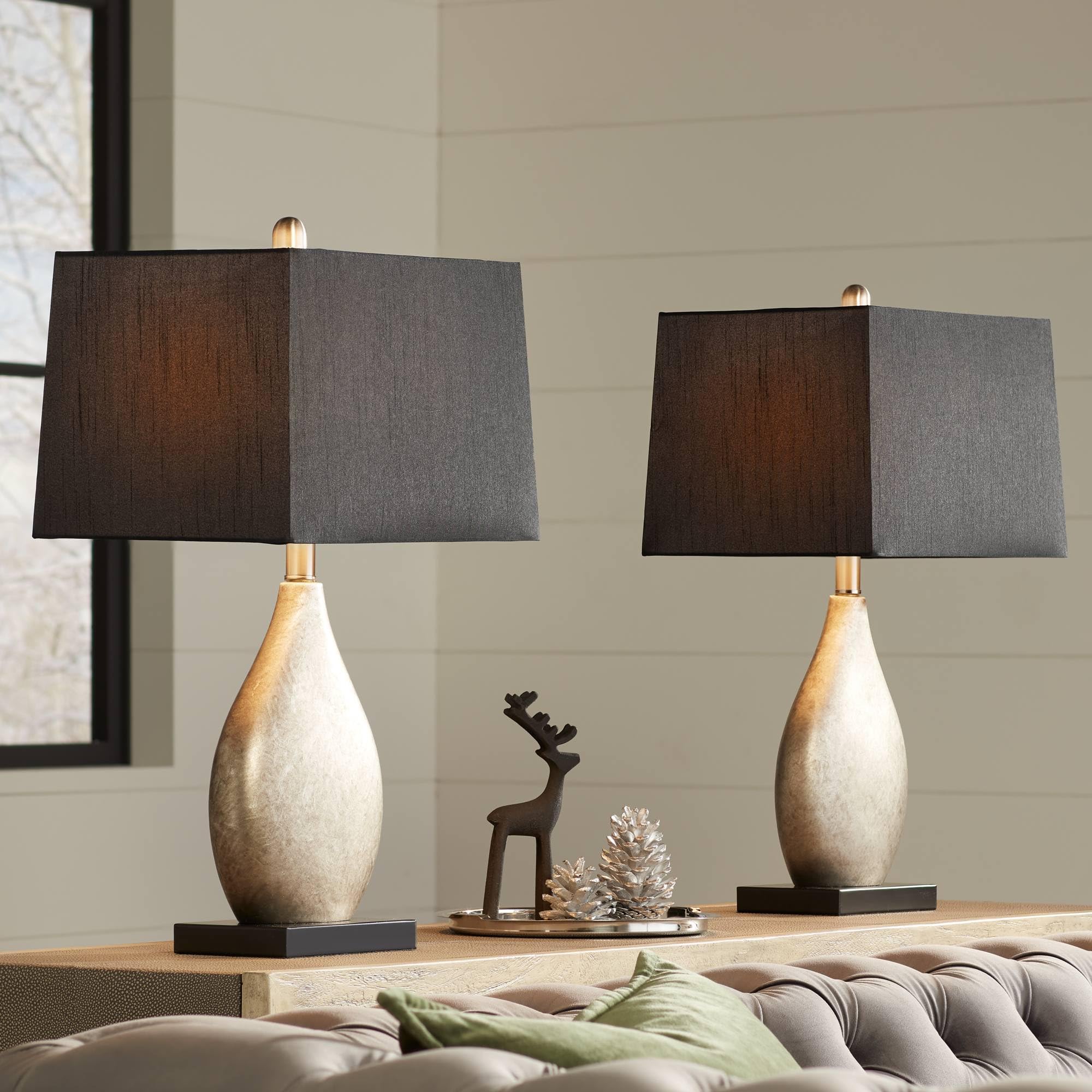 Regency Hill Marco Modern Art Deco Table Lamps - Set of 2 Silver Luxe Black Tapered Rectangular Shade Lamps, 25