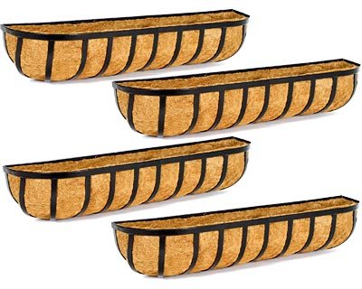 Gardman Forge Wall Troughs with Coco Liners - 36 Inch Long, Set of 4 - Rustic Metal Flower Planters for Indoor/Outdoor Decor, Balcony & Garden Hanging Planters