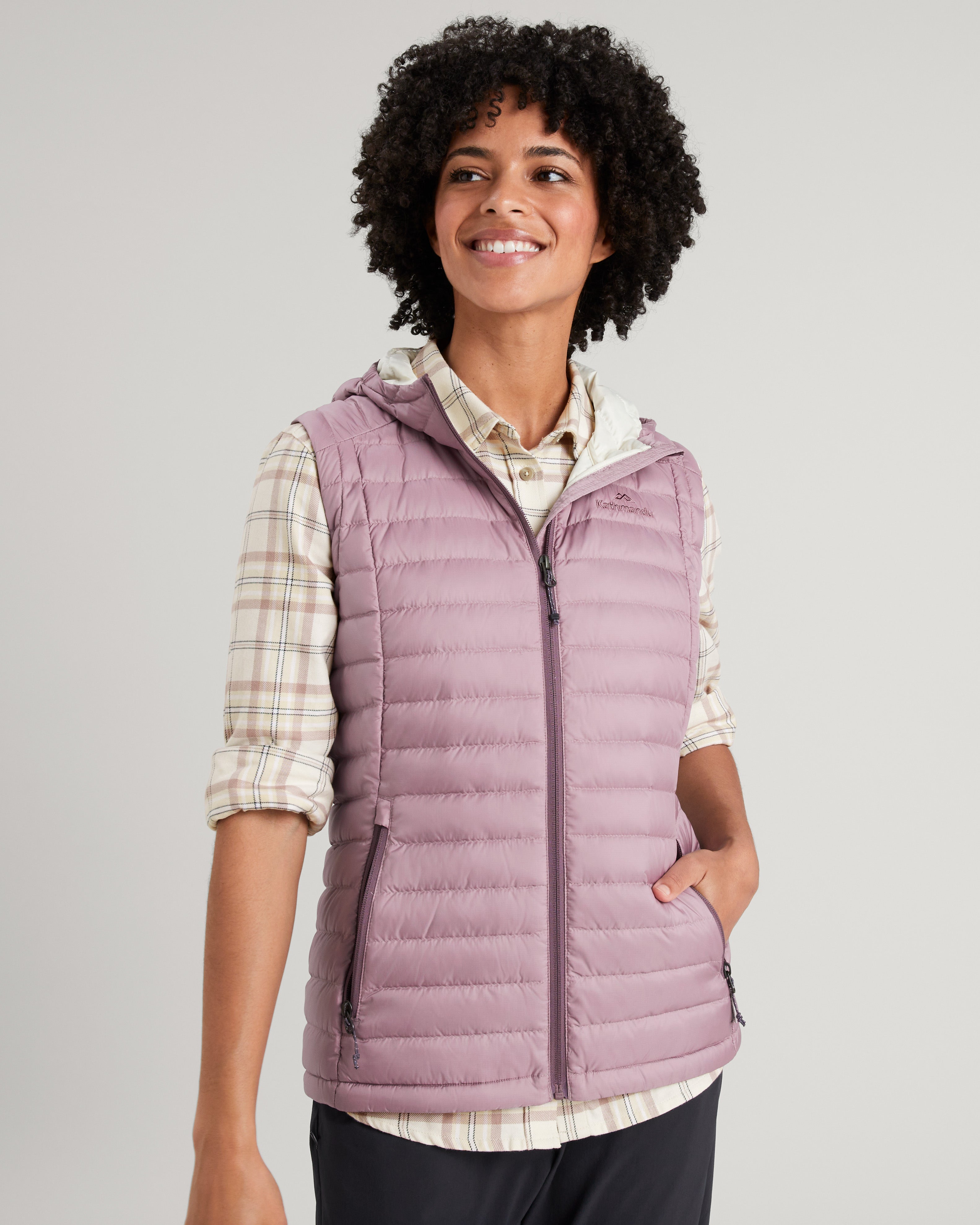Women's Heli Hooded Down Vest - Lightweight Warm Winter Puffer Jacket for Outdoor Activities | Thistle Color | Perfect for Hiking, Skiing & Casual Wear
