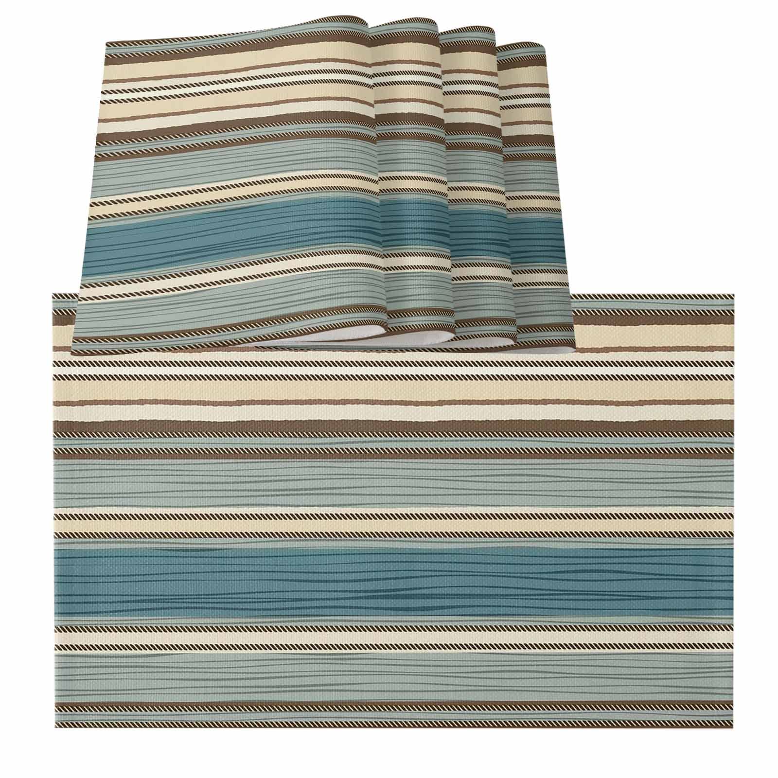 Retro Teal Boho Striped Cotton & Linen Placemats Set of 4 - Washable Dining Table Mats 13x19 Inches for Kitchen, Party, Wedding Decor - Perfect for Boho Chic Dining, Farmhouse Tables & Coastal Home Decor