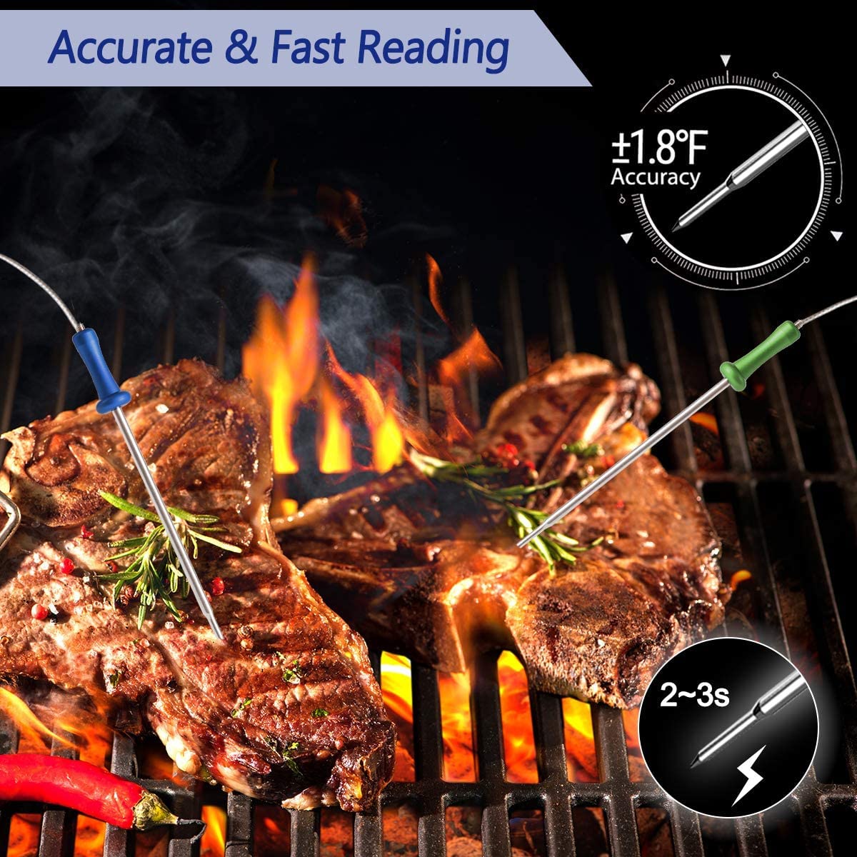 500FT Wireless Bluetooth Meat Thermometer with 4 Probes - Digital Kitchen Cooking Thermometer for Grilling, Smoking, Oven & BBQ - Perfect for Backyard Cookouts, Camping & Home Chefs (FS-52)