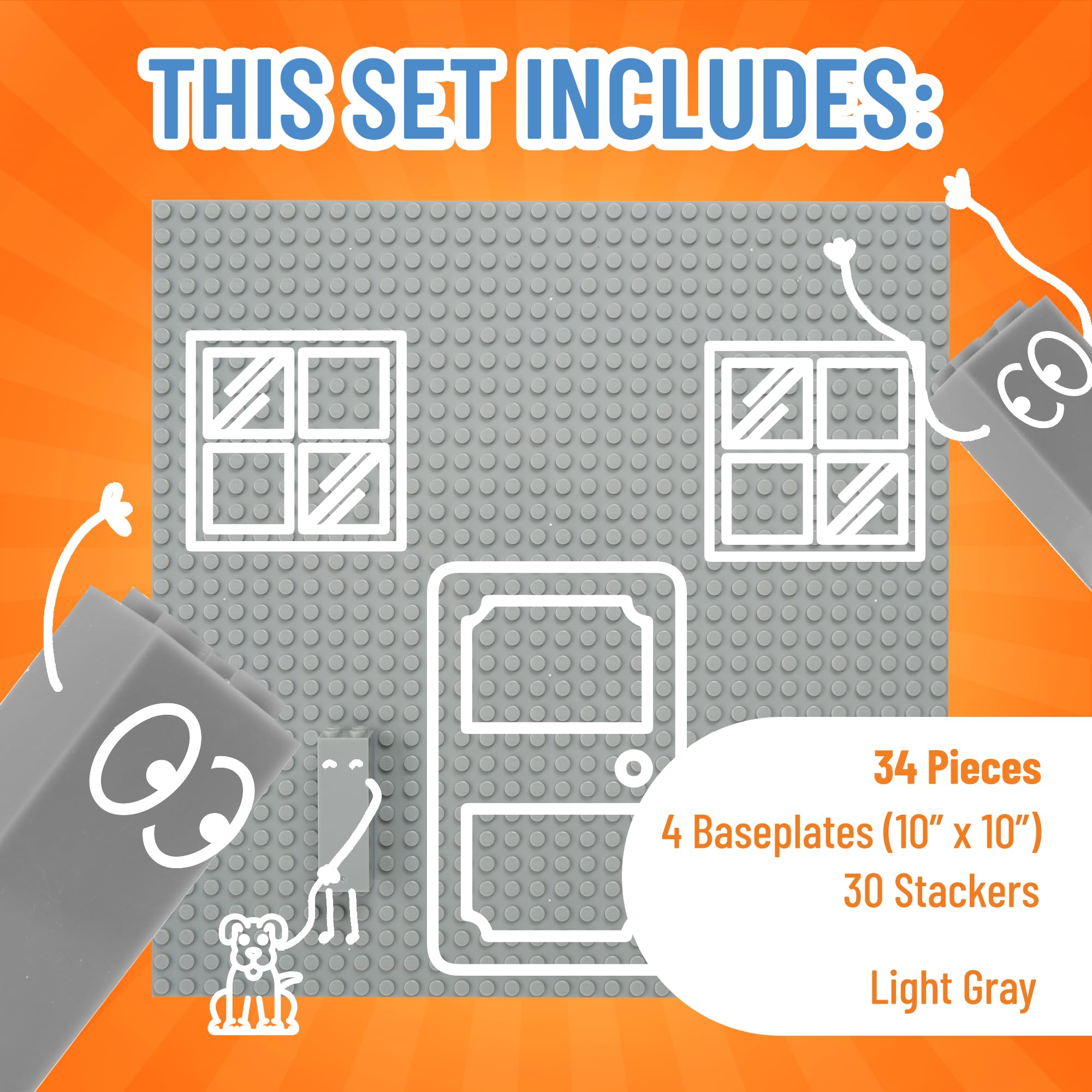 Strictly Briks 10x10 Inches Stackable Baseplates - 4 Pack Light Gray Building Bricks Compatible with Lego Classic & All Major Brands - Perfect for Towers, Shelves, Kids Playroom & DIY Projects - 30 Stackers Included