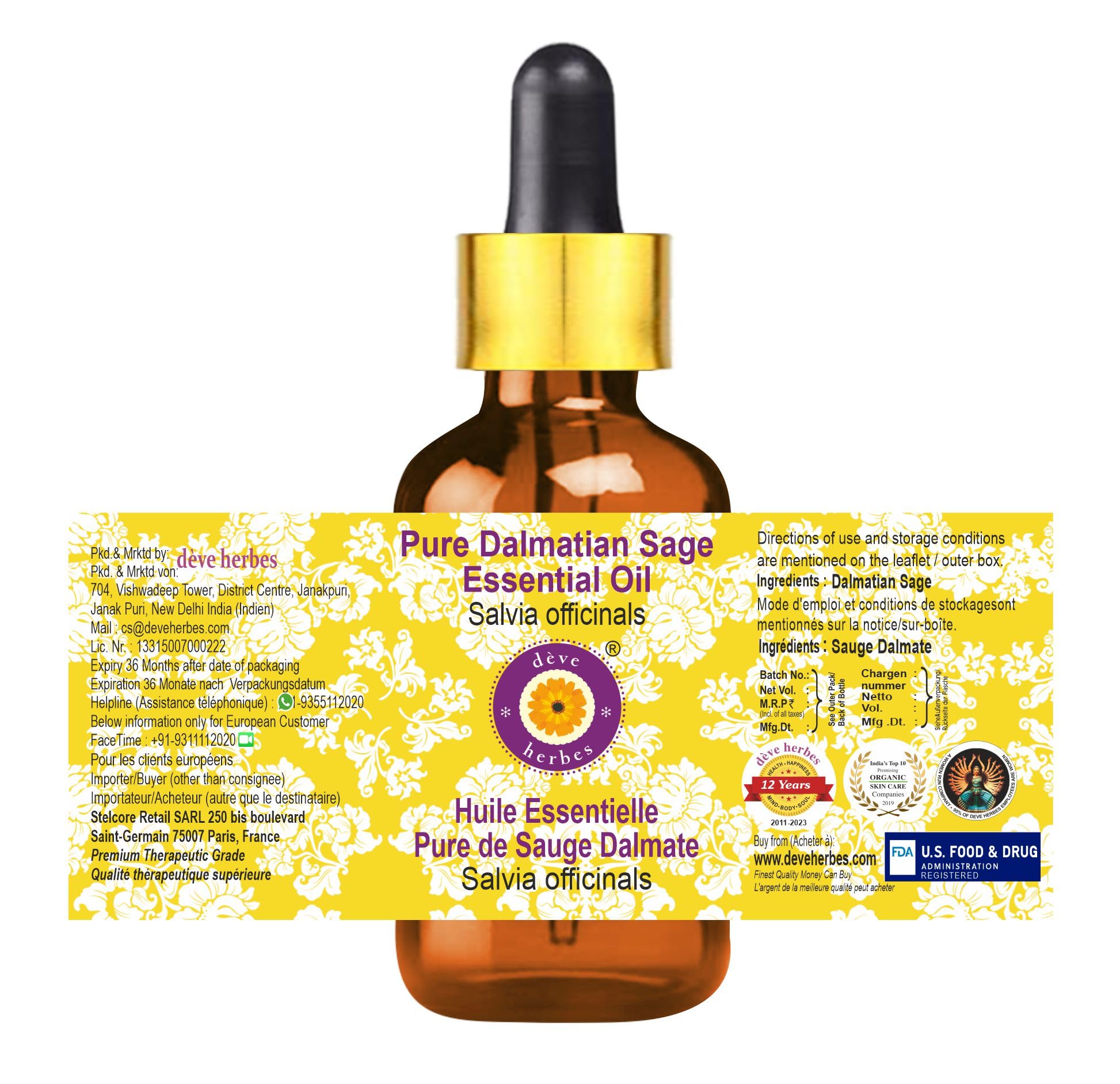 Pure Dalmatian Sage Essential Oil (Salvia officinalis) - 2ml Steam Distilled with Glass Dropper - Aromatherapy, Relaxation & Skin Care