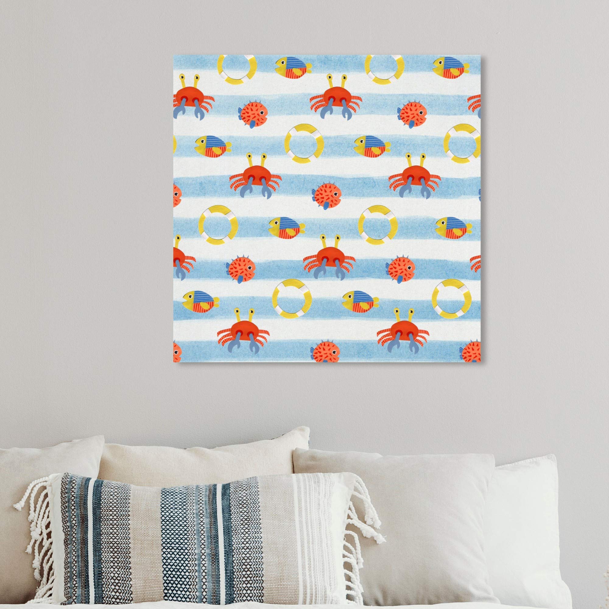 Wynwood Studio Nautical Coastal Wall Art Canvas Print - Fish Crab Lifesaver Pattern Home Decor 12x12 Inches in Blue & Orange | Perfect for Beach House, Bathroom & Coastal Living Room Decor