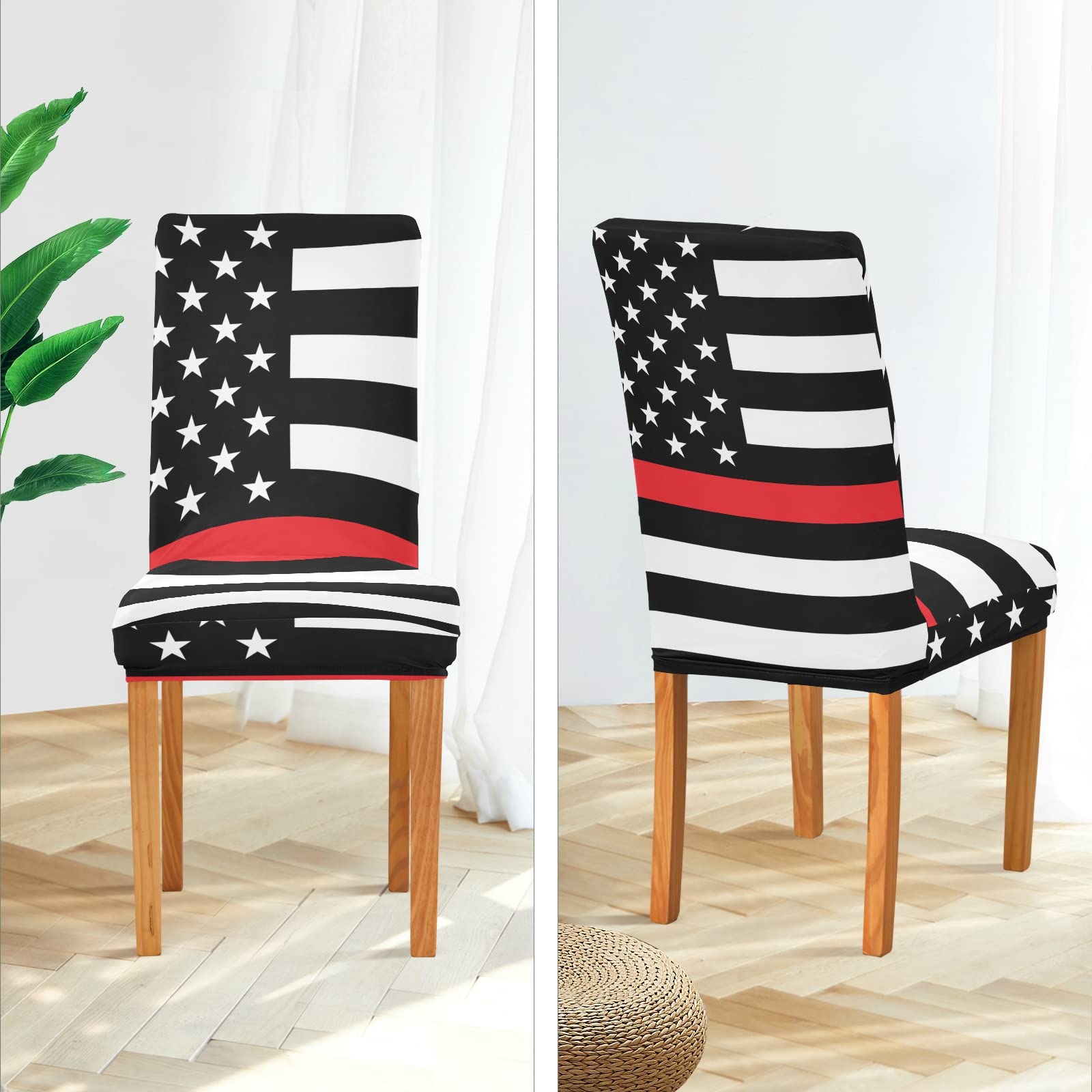 American Flag Firefighter Support Chair Covers Set of 4 - Washable Stretch Slipcovers for Dining Chairs - Patriotic Seat Covers for Kitchen, Office, Wedding & Home Decor