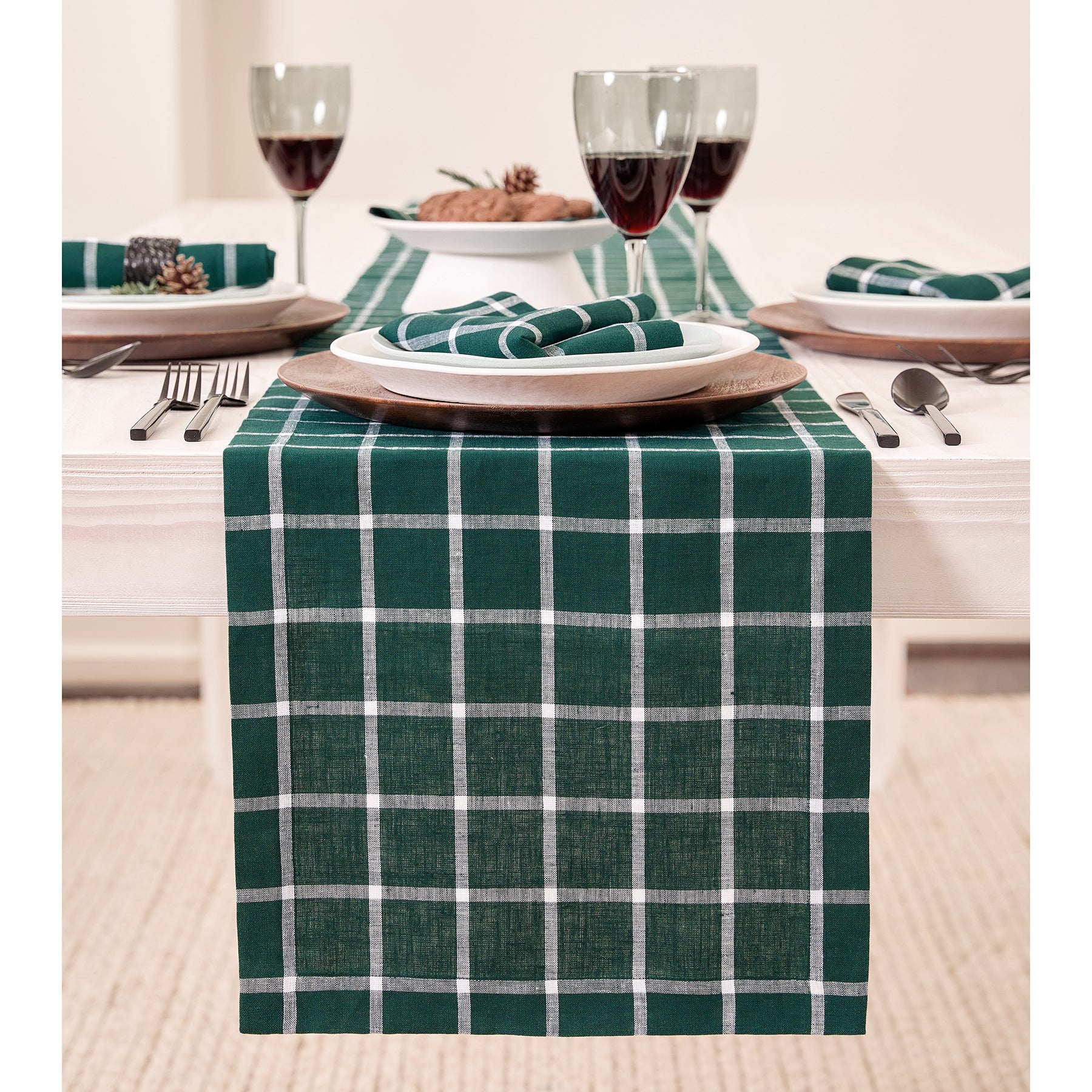 Elegant Windowpane Table Runner - White Linen Rectangular Dining Table Decor for Wedding, Christmas & Holiday Parties - Perfect for Farmhouse, Rustic & Modern Home Decor