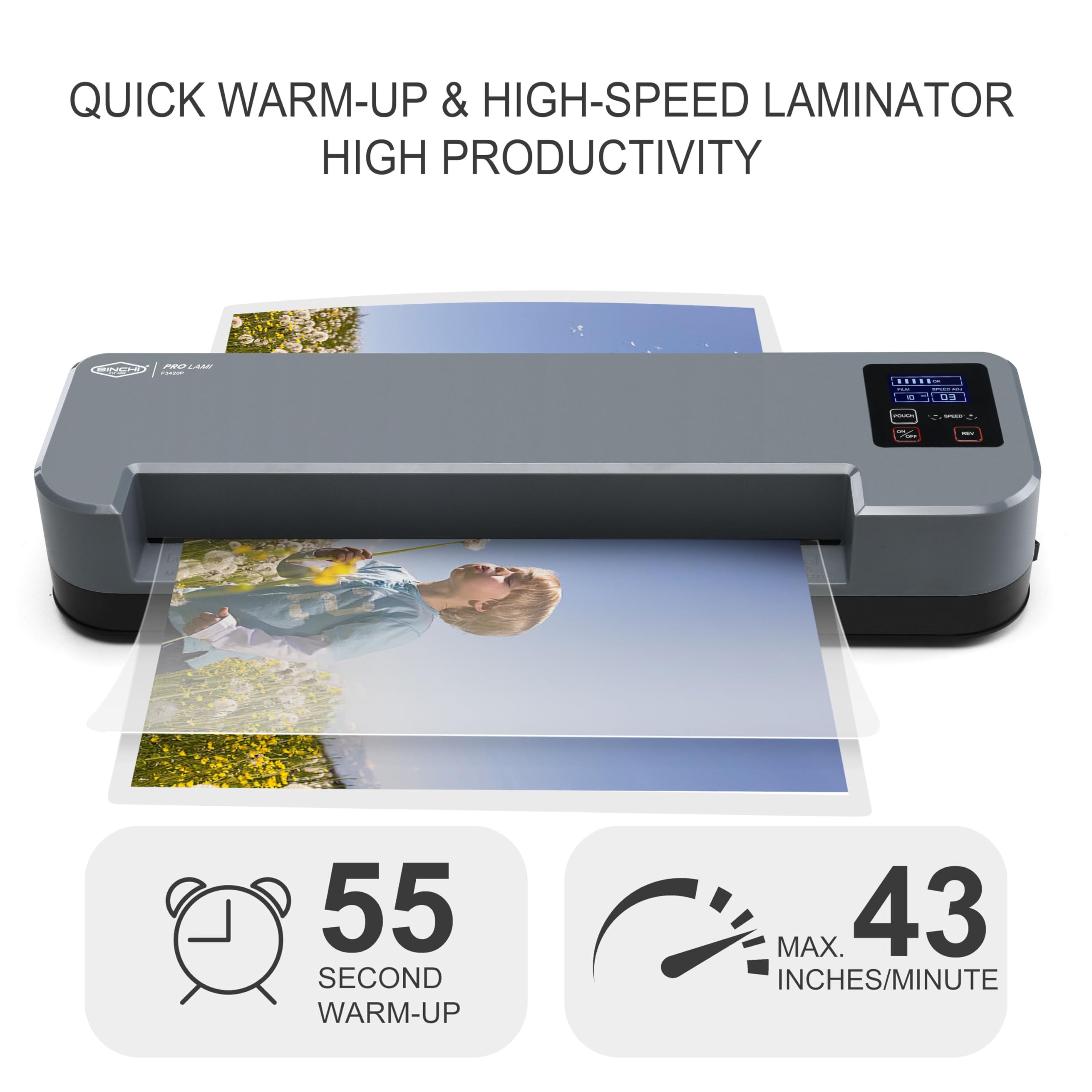SINCHI 4-Roller Commercial Laminator Machine with LCD Display - 3-10 Mil Thickness, 55-Second Warm-up, 43 inches/Min Speed - 13-inch Thermal Laminating for Office, School, Home Use - Perfect for Documents, Photos, ID Cards & Craft Projects